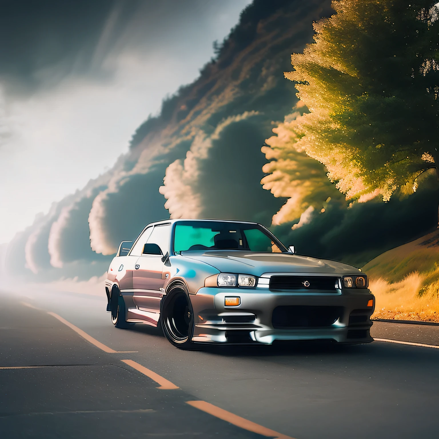 stylish design,silver Nissan Skyline GT-R R34 parked on an empty road,low-profile tires,athletic pose,aerodynamic body kit,outdoors,natural environment in the background,overcast sky,soft light,shadows cast on the right side,calm atmosphere,Photographed from a low angle,shallow depth of field,sharp focus on the car,blurred trees in the background,balanced exposure