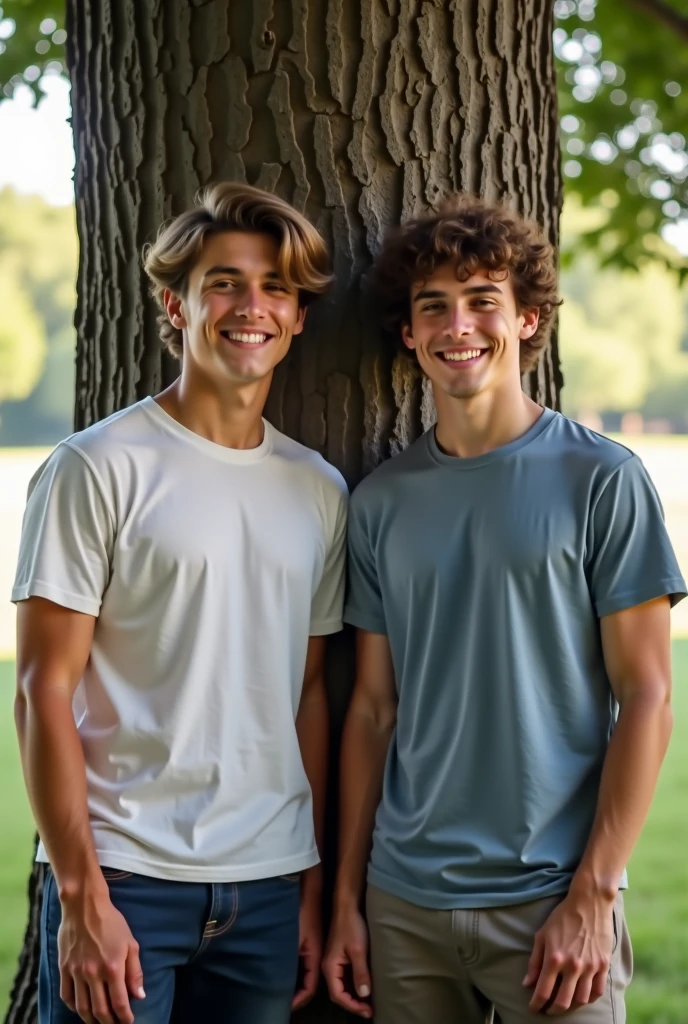 Two young men are pictured.One has blonde hair and the other has dark, curly hair.The two are standing close together and appear to be close friends.They are both wearing light casual clothing, shirts and pants.Lush green trees can be seen in the background, indicating that the photo was taken outdoors in a natural environment.The light clearly shows the shadows of the two people, giving the photo an atmospheric feel.The overall color palette is subdued, and the expressions on the couple's faces are calm and relaxed.