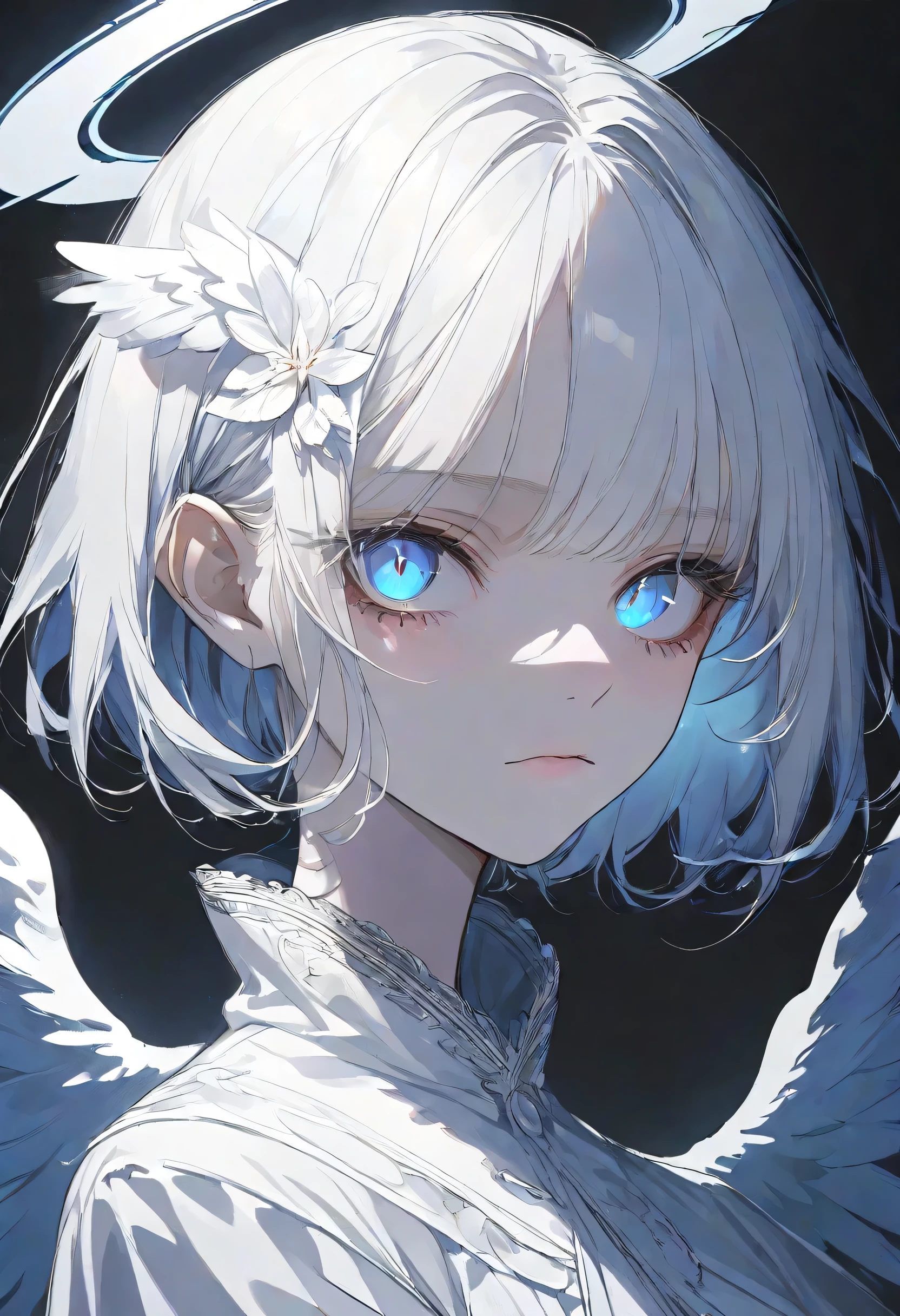 face only,angel Girl,midnight,Negative,silver hair,Blue pupil,short hair, black background,halo,face focus,