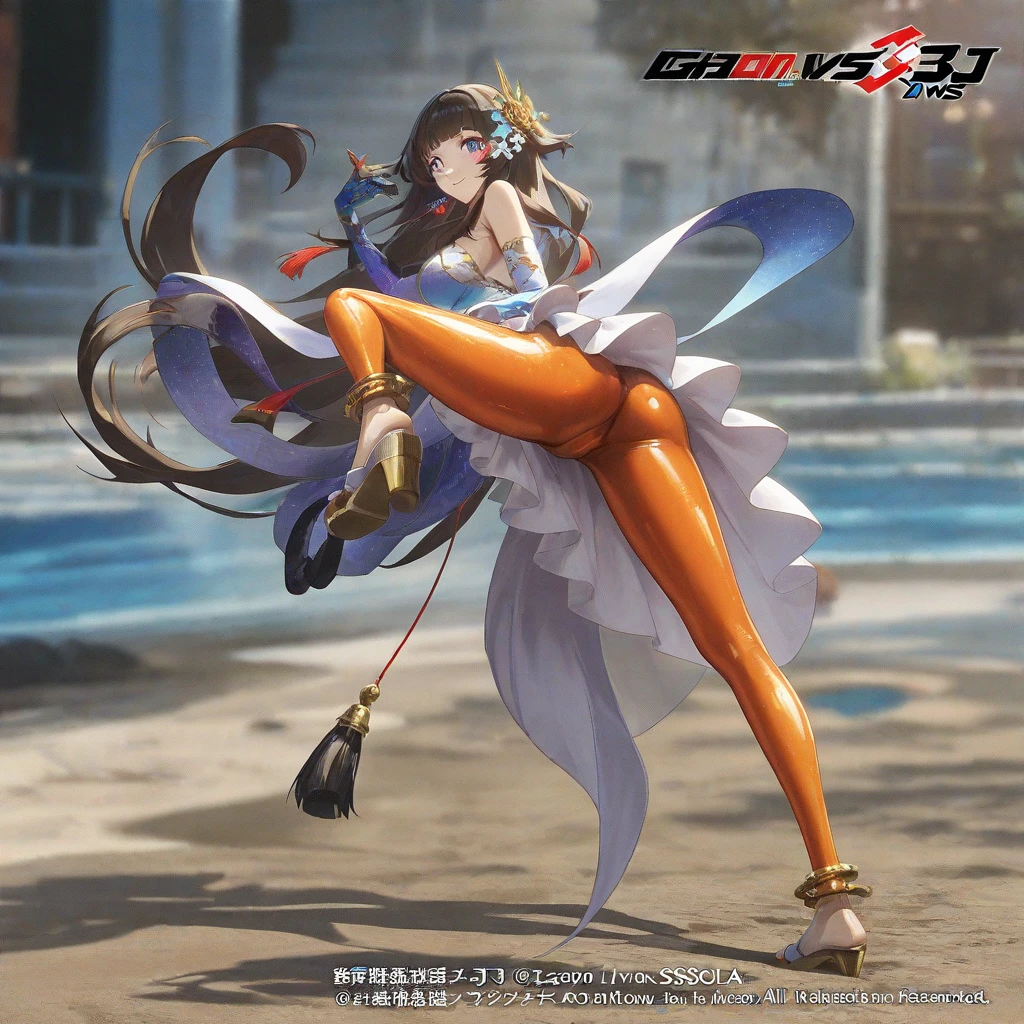 A striking Brazilian samba dancer with braided hair and sharp sunglasses, dressed in a stunning purple diva top and gloves, crisp white diva shirt, and stylish brown diva boots. Her orange samba feathers in the back complete the dynamic and energetic scene.
