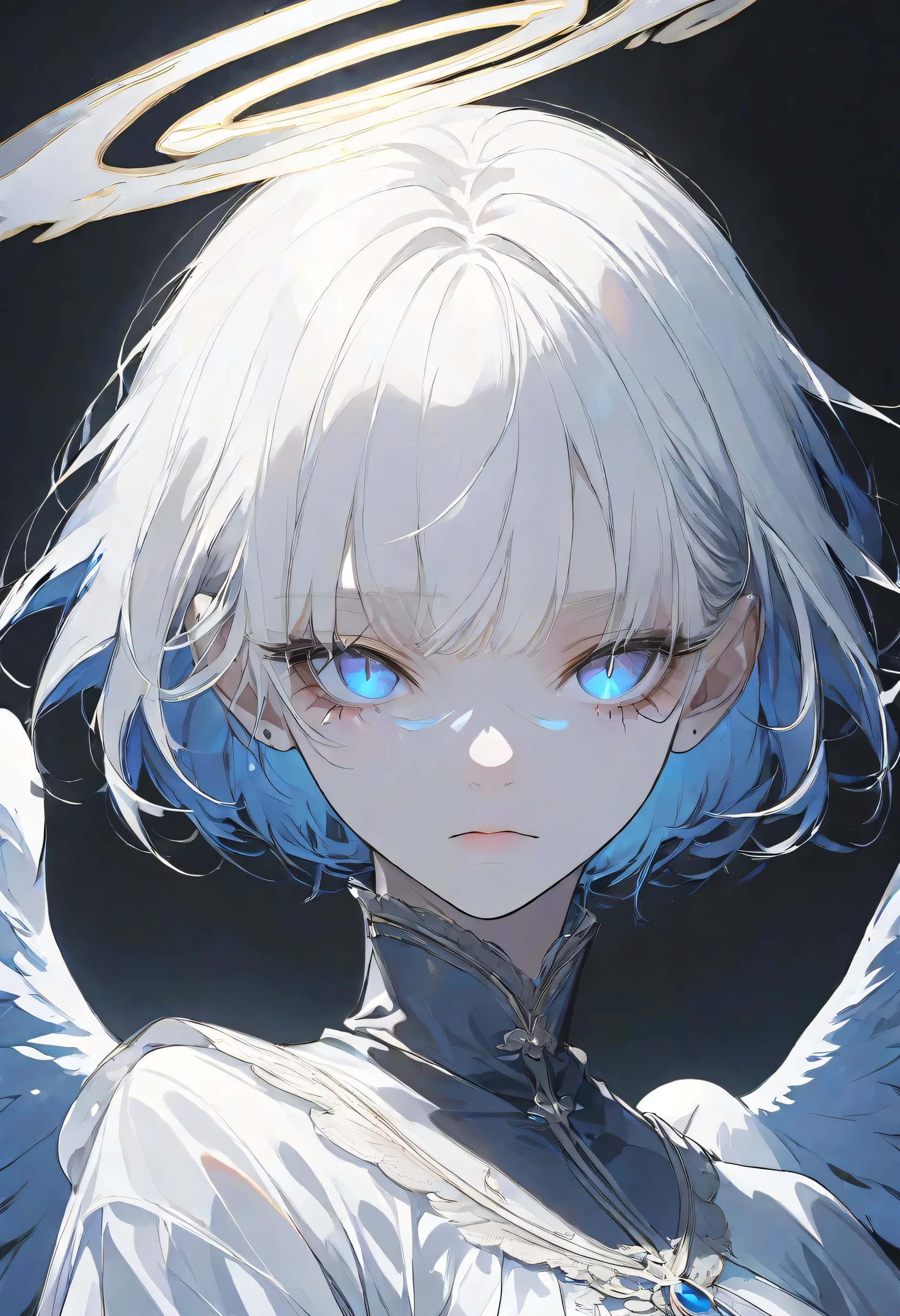 face only,angel Girl,midnight,Negative,silver hair,Blue pupil,short hair, black background,halo,face focus,