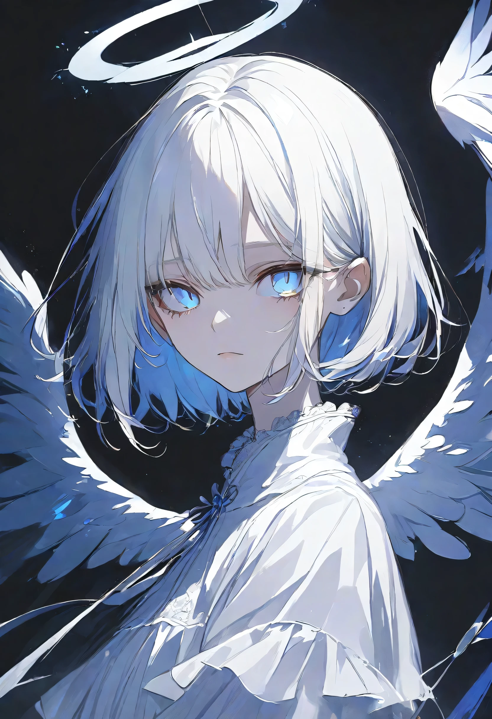 angel Girl,midnight,Negative,silver hair,Blue pupil,short hair, black background,halo,