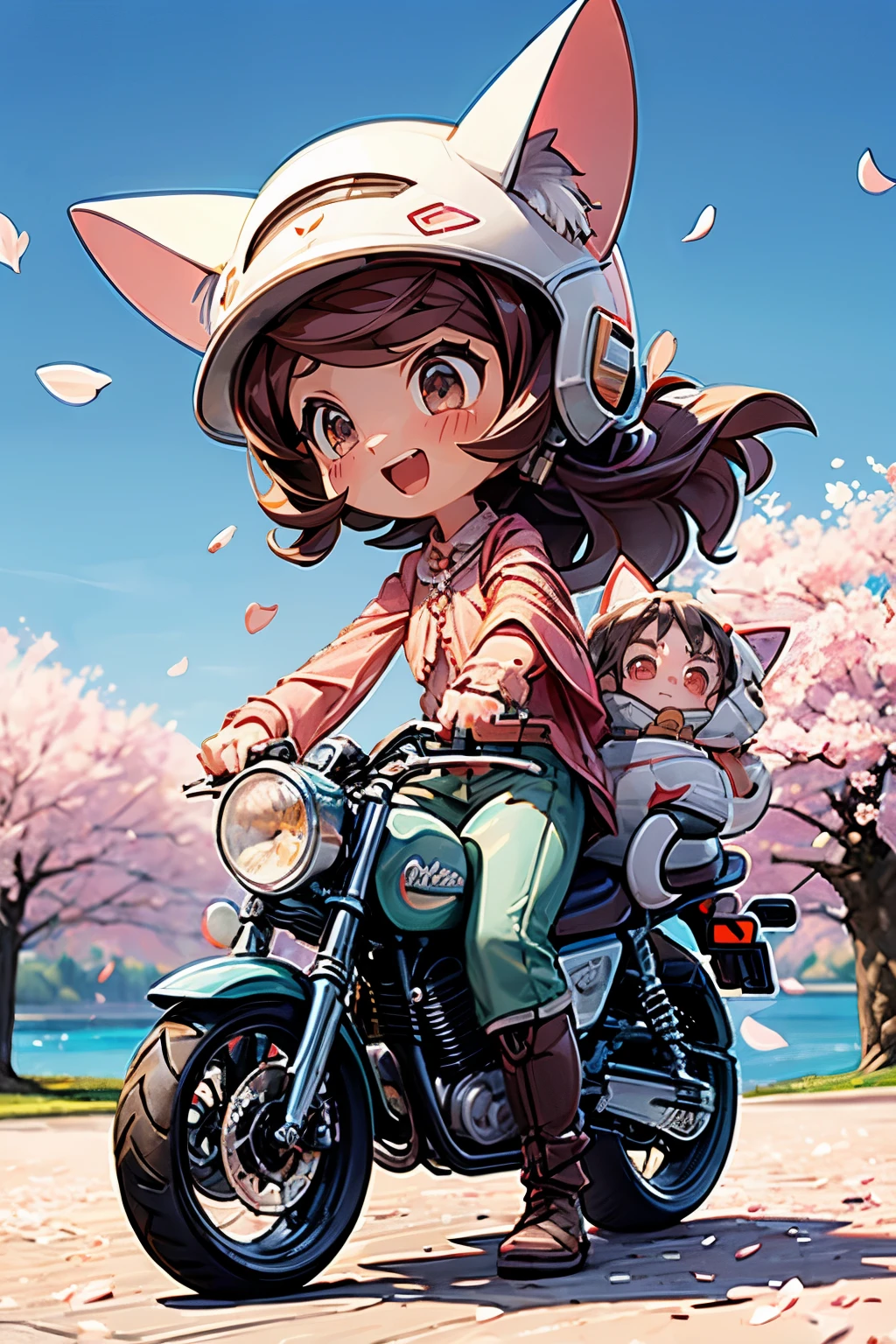 Masterpiece, best quality, ultra-detailed, Fantastic and vintage atmosphere, perfect detailed face, full body,short stature,Two girls are traveling in a fantasy world. They are riding vintage naked-motorcycles through the mountains,ride double on a motorcycle, surrounded by cherry blossoms,They are wearing clothes for the trip. They have a suitcase. They have camping equipment., (Cherry Blossom Petals Blizzard,fantasy world,fantastic lake), (cat-ears helmet),headset, cloak, frills blouse, pants or skirt,leather boots,beautiful hair, happy, looking up,front view,wide view,chibi