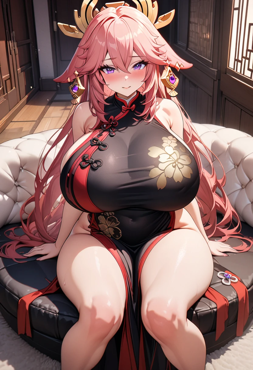 Mastepiece, Best Quality, (Alone)、(One Woman)、((naked:1.5))、((Exposed breasts:1.5))、(Exposed nipples)、girl,(Huge breasts:1.5), (Wide hips),(Thick thigh pose your)、 (China dress), ロングChina dress, レッドChina dress, (赤色のChina dress:1.3), skin peeling, Blue thighs,(Scale_blush:1.6),(blush:1.2), Angry, Chinatown, Black Gloves, Pink Hair, Green Eyes, Slim waist, Hair Ornaments, Flower Ornaments,(Focus on the chest)