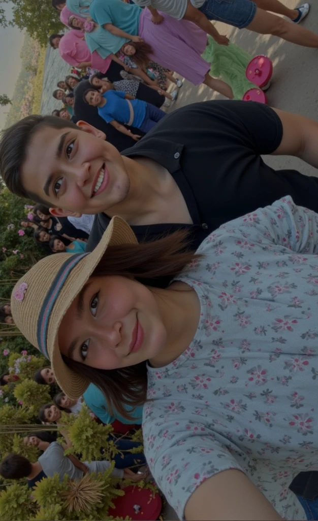 Um casal um homem loiro e uma mulher morena tirando uma selfie olhando pra cima
