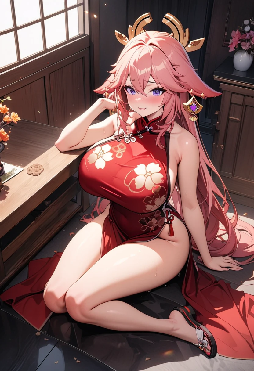 high resolution、8k、Beautiful pink eyes、Pink Hair、NSFW、China dress、Chinese clothing、 Glossy with oil々Skin、Shiny thighs,Narrow waist、Firm big breasts、Love juice drips、Sexually excited facial expression、Sex appeal、cum on、Background White