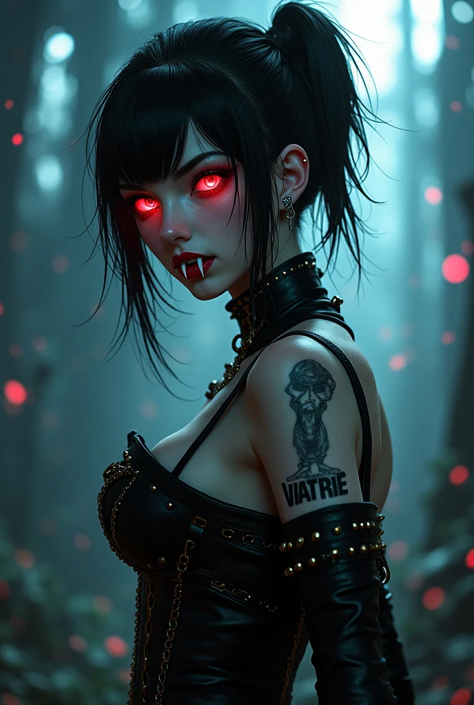 masterpiece, best quality, highly detailed,1girl, covering mouth with hand, emo hairstyle, shy smile, messy hair, big breasts, adult, split-color hair, black and white hair, eye shadow, black lipstick, street at night, neon lighting,(best quality,4k,8k,highres,masterpiece:1.2),ultra-detailed,(realistic,photorealistic,photo-realistic:1.37),gothic woman,cyberpunk,red eyes demon