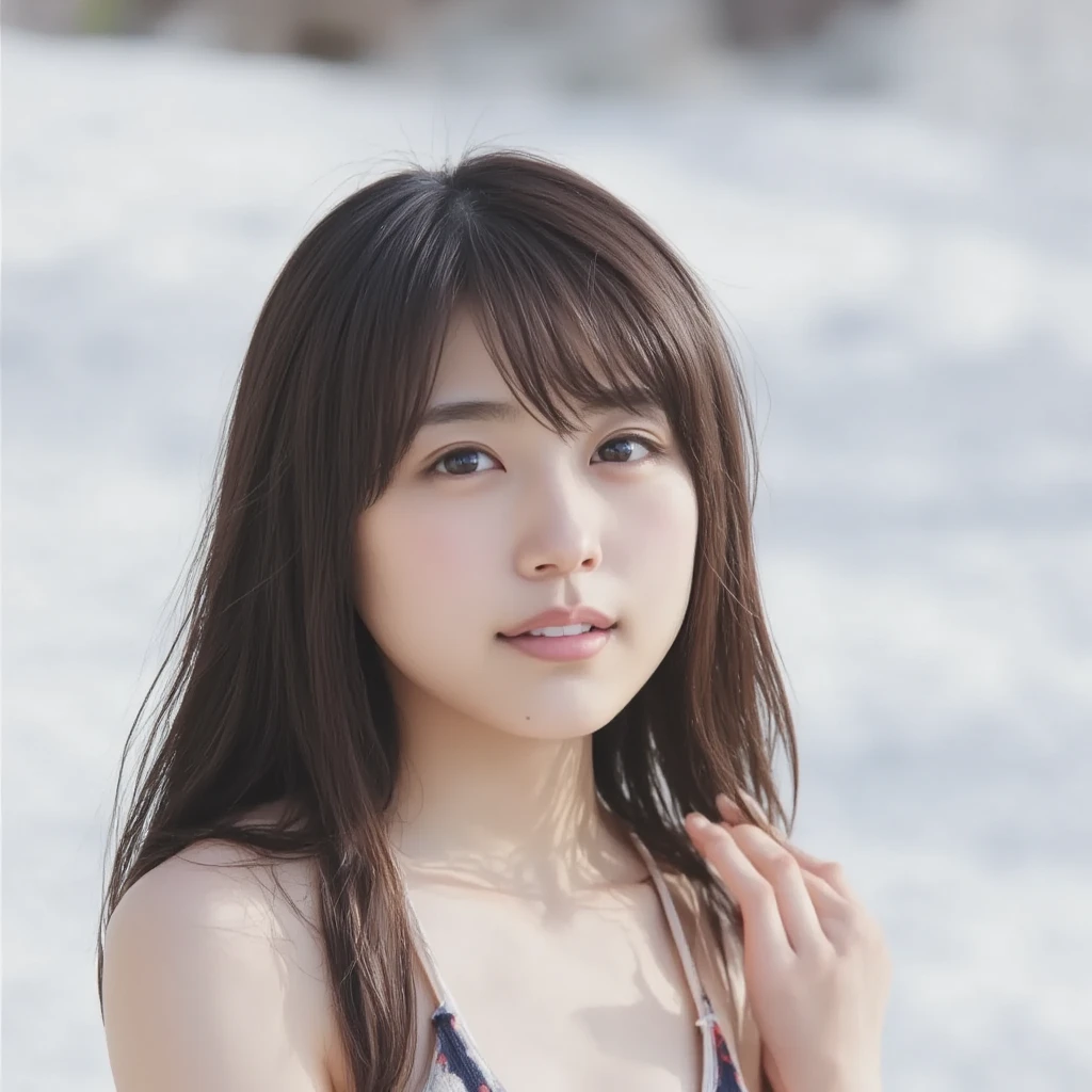 8k, highest quality, masterpiece, super high resolution, (realistic:1.4), RAW Photos, (Film Grain:1.3), One Girl, portrait of a skinny Japanese woman, 30 years old, standing on the beach, a cute face, detailed face, detailed eyes, {short|long} hair, correct body anatomy, photogravure
