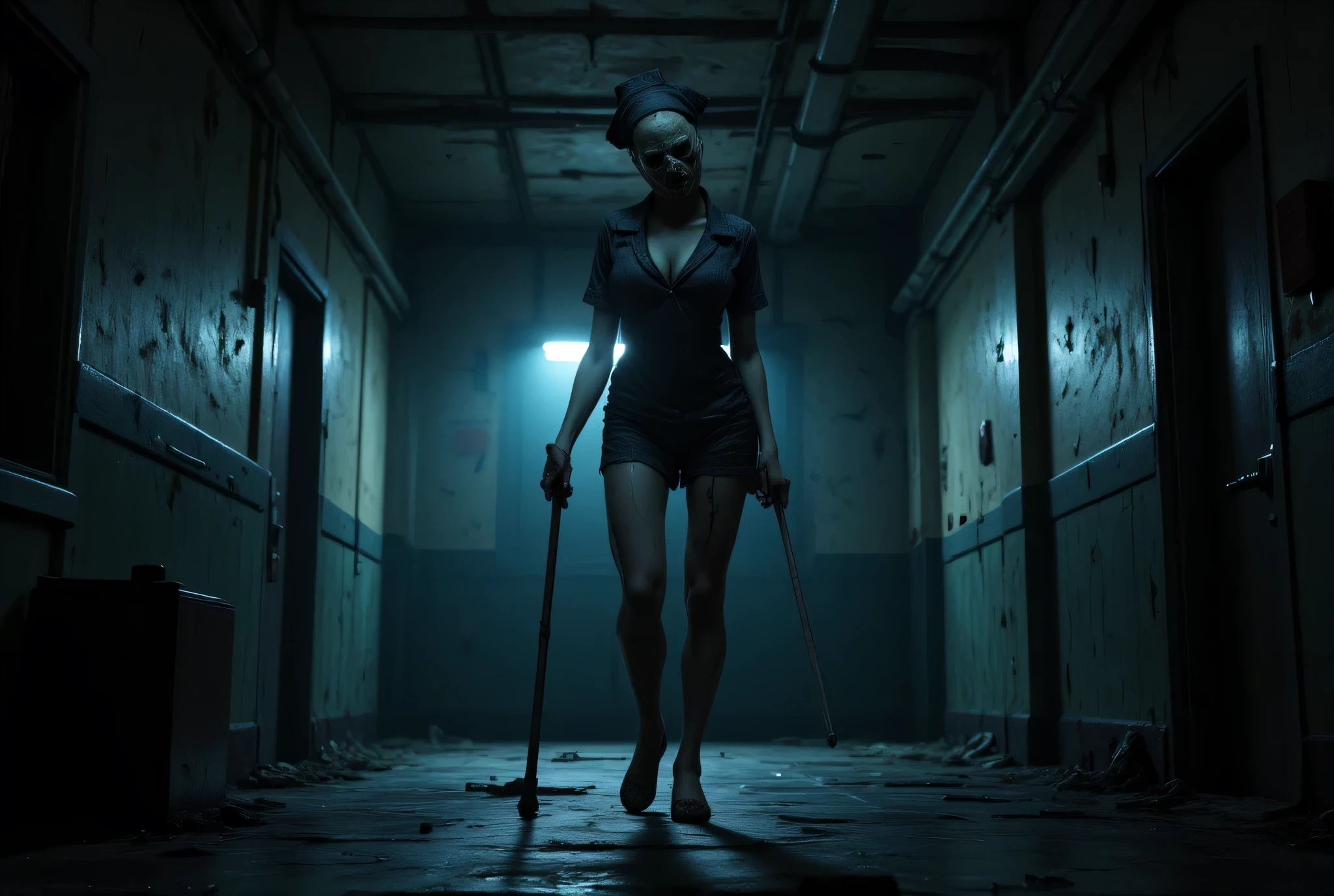 **Prompt:** Create a hyperrealistic digital artwork capturing a horrific nighttime scene set in a nightmarish hospital corridor. Mysterious effect. The composition should feature a zombie-like female nurse with a perfectly busty figure, dressed in a tattered nurse uniform, limping ominously down the hall, holding a single iron pipe. Utilize a wide panoramic camera angle to enhance the eerie atmosphere, ensuring realistic depth and intricate details. The scene should evoke a vibe reminiscent of the Silent Hill video game, with a focus on ultra-realistic textures, deep field details, and balanced composition. Incorporate hard lighting during the blue hour to create striking contrasts and shadows, emphasizing the chilling horror aesthetic. Render the final image with octane 3D techniques, ensuring it aligns with the highest standards of photographical composition and depth of field. Aim for a RAW photo quality that captures both the horror and the surreal beauty of the moment.