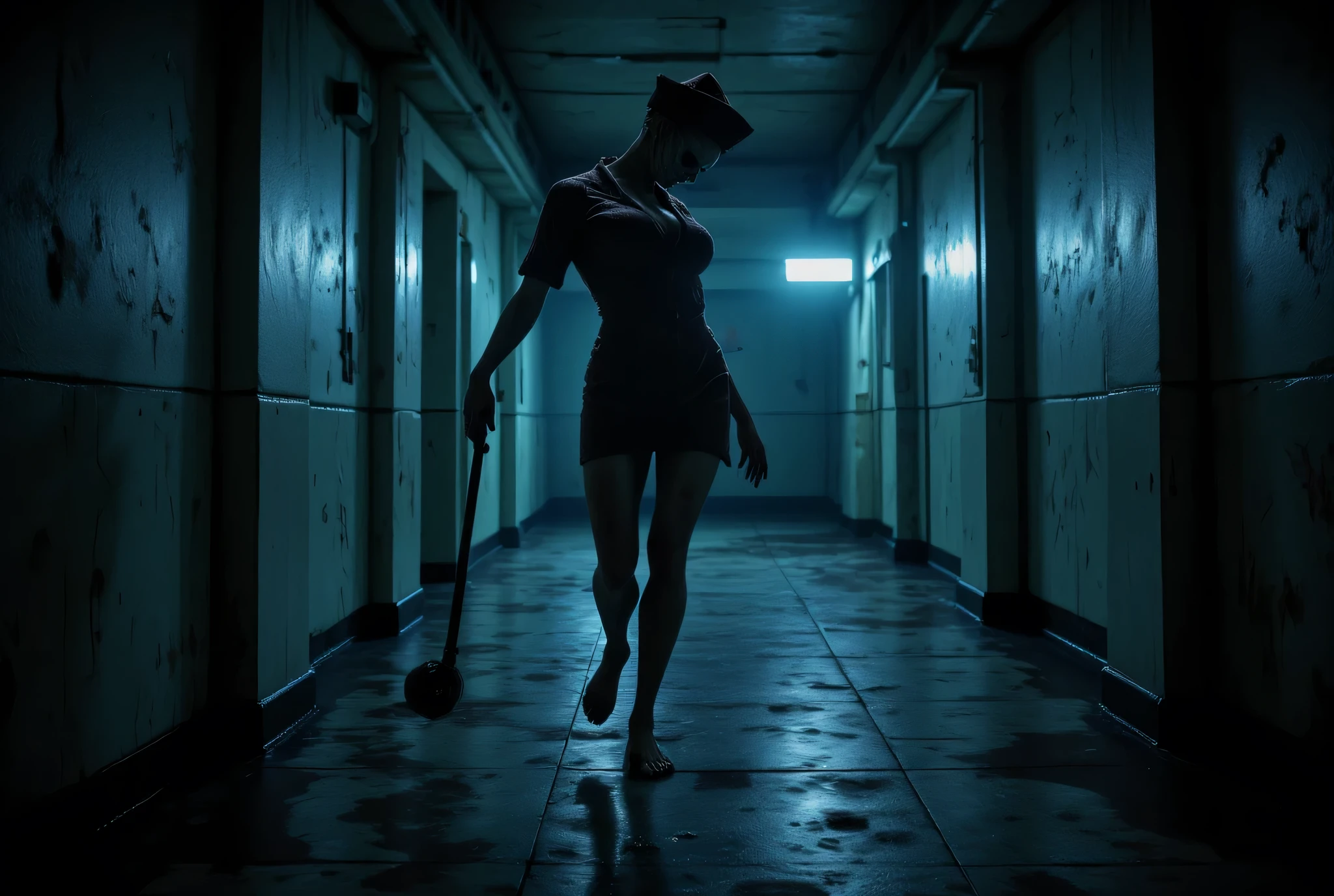 **Prompt:** Create a hyperrealistic digital artwork capturing a horrific nighttime scene set in a dimly lit hospital corridor. The composition should feature a zombie-like female nurse with a perfectly busty figure, dressed in a tattered nurse uniform, limping ominously down the hall, holding a single iron pipe. Utilize a wide panoramic camera angle to enhance the eerie atmosphere, ensuring realistic depth and intricate details. The scene should evoke a vibe reminiscent of the Silent Hill video game, with a focus on ultra-realistic textures, deep field details, and balanced composition. Incorporate hard lighting during the blue hour to create striking contrasts and shadows, emphasizing the chilling horror aesthetic. Render the final image with octane 3D techniques, ensuring it aligns with the highest standards of photographical composition and depth of field. Aim for a RAW photo quality that captures both the horror and the surreal beauty of the moment.