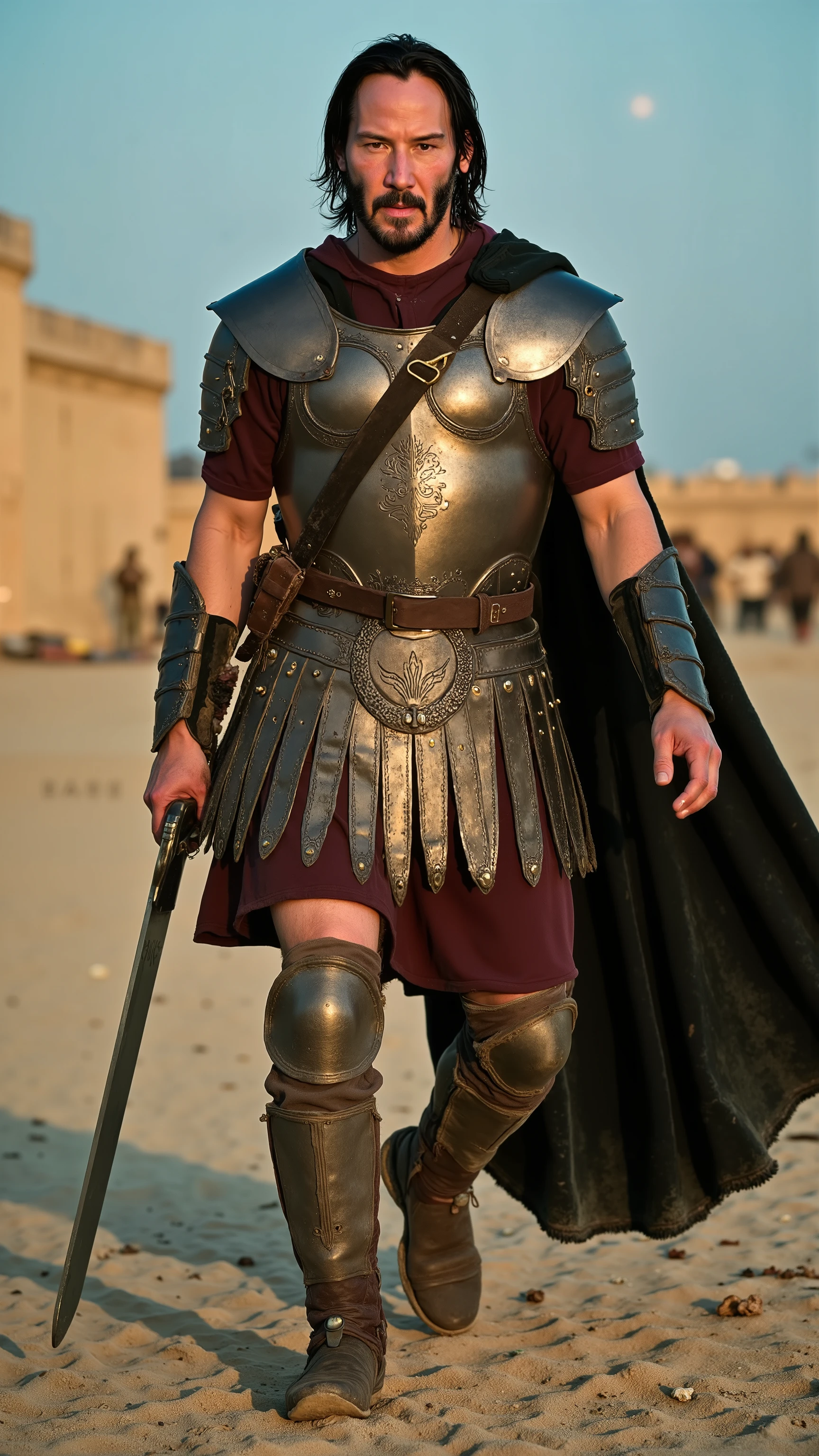 Keanu Reeves reimagined as Hector walking and holding a silver sword､dramatic atmosphere, 1 male､

Long, dark hair tied at the nape, strands clinging to his face, and a trimmed beard framing his sharp jawline. His intense, thoughtful eyes are dark and steady, reflecting resolve and duty. Dust and dried blood streak his face and shoulders.  

He wears elegant yet battle-worn Trojan bronze armor, the chestplate engraved with horse motifs and protective patterns. His shoulders are covered with rounded bronze pauldrons, and a dark red tunic flows beneath the armor. A deep crimson cloak, weathered and torn at the hem, hangs from his back, fastened by a bronze pin in the shape of a horse's head. His waist is bound by a wide leather belt with bronze studs, and a scabbard hangs at his side. His lower legs are protected by decorated greaves, and he wears leather sandals strapped to the knees.  

In one hand, he holds a silver sword with black leather wrapping. His other hand grips a large, rounded shield etched with the symbol of Troy and ringed in steel, its surface bearing dents from battle.

,shows his male character's full figure, athletic body, perfect face, full body, extremely beautiful, god, male shape, perfect anatomy, The background shows the outer walls of Troy at dawn. The stone ramparts rise behind him, lined with archers and flaming braziers. Dust swirls in the wind across the open field littered with broken weapons and overturned chariots. Faint orange light breaks through the haze as enemy forces approach in the far distance, signaling another day of siege. Blue sky, sunny day,  photorealistic, masterpiece, realistic, high contrast, 8k, HD, high definition detailed, detailed, hyper detailed, realistic skin texture, best quality, ultra high resolution, hyper realistic, no text, very detailed eyes, dramatic lighting