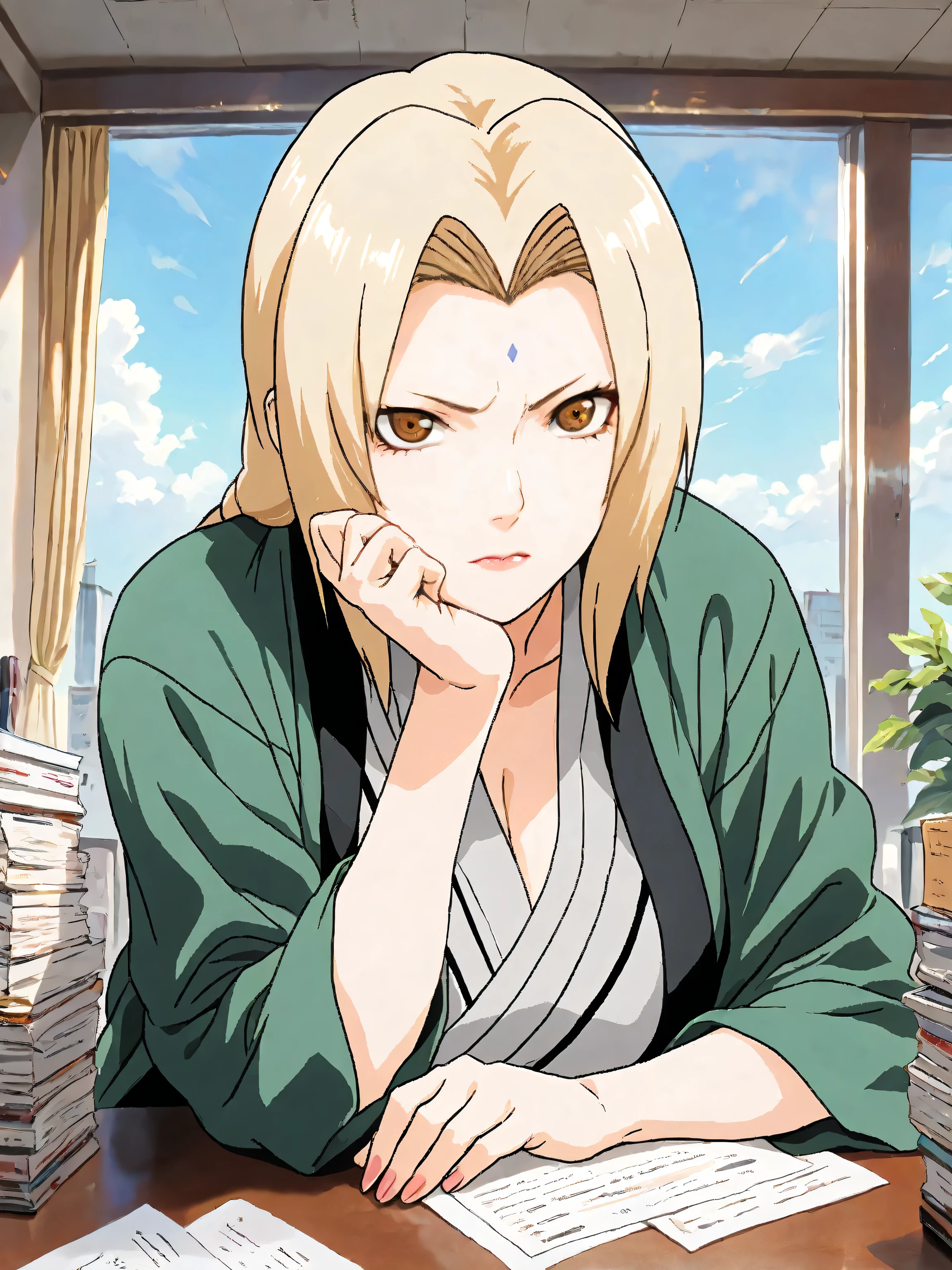 1girl, solo, tsunade, beautiful woman, mature woman, green haori, brown eyes, highly detailed eyes, expressive eyes, natural eye shape, iris with visible details, anatomically correct, super detailed, high details, intricate details, accurate, dynamic angle, dynamic poses, highres, absurdres, (masterpiece:1.5), (best quality:1.2), amazing quality, 4k, looking at viewer, various poses, various expressions, seated behind the desk, traditional office, hokage's office, stern expression, strict expression, annoyed expression, stack of papers on table, large open window behind, spacious office, wide office, hand under chin, arm on table