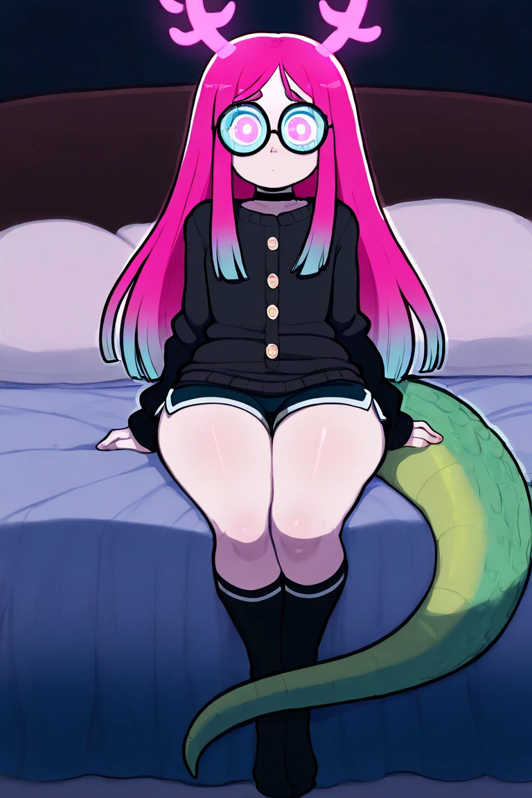 Alone , magenta hair, pale skin, neon pink eyes, slim body, femboy , long hair, in bed, an oversized black sweater, bright eyes, round glasses, choker, mangas largas, flat chest, black dolphin shorts, full body buttons, long black socks, hair, light soft blue hair ends, breast window , sitting in bed, antlers, light blue and pink antlers, glowing antlers, soft color transition, lizard tail, shiny tail, knee size socks