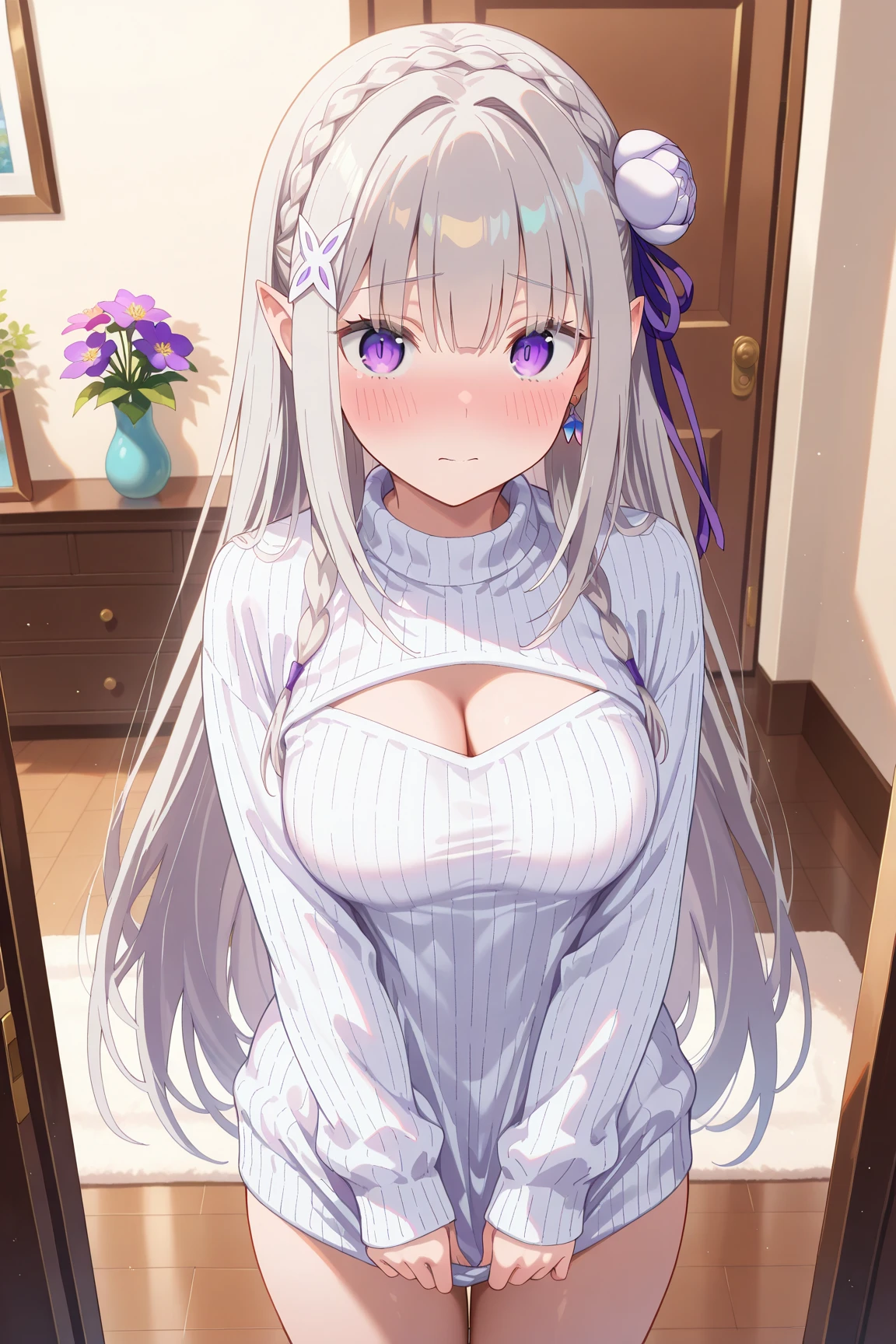 (((Itsuka Shido(date a live))),((gender bender,white hair,dark purple_eyes,cowboy shot,long straight hair)),((school uniform,huge breasts swelling,huge bust:1.6,elf))