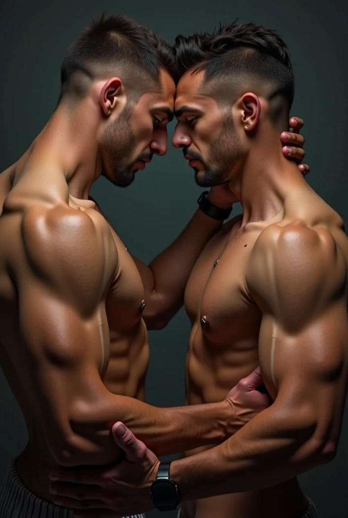 Handsome man model in underwear, rubio, super muscular, 3 m high , barefoot next to another handsome naked man