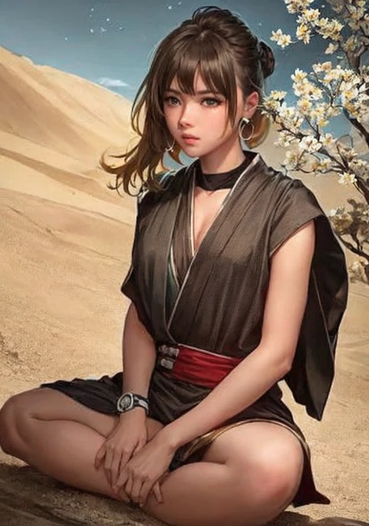 (Jedi meditation:1.3), serene photo,1girl, Jedi master in deep meditation,  in jedioutfit, sitting cross-legged,  (desert oasis:1.1), surrounded by blooming desert flowers, harmonizing with the Force, spiritual retreat, transcendent tranquility, desert enlightenment,  Absurdres, hdr, ultra detailed illustration, extremely detailed face, RAW photo, film grain, skin pores, trending on deviantart