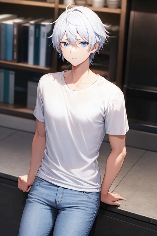 "An exquisitely detailed and beautifully rendered CG artwork featuring the epic, blue-eyed protagonist Gojou Satoru gazing directly at the viewer while standing at the sea background, Low collar T-shirt, Light blue pants, (On the beach:1.2), (Lots of waves rain:1.2), styled with a captivating hairdo, accentuated with bangs and hair between eyes, highlighting his distinctive and stylish white and short hair, in a manner that captivates and intrigues viewers."