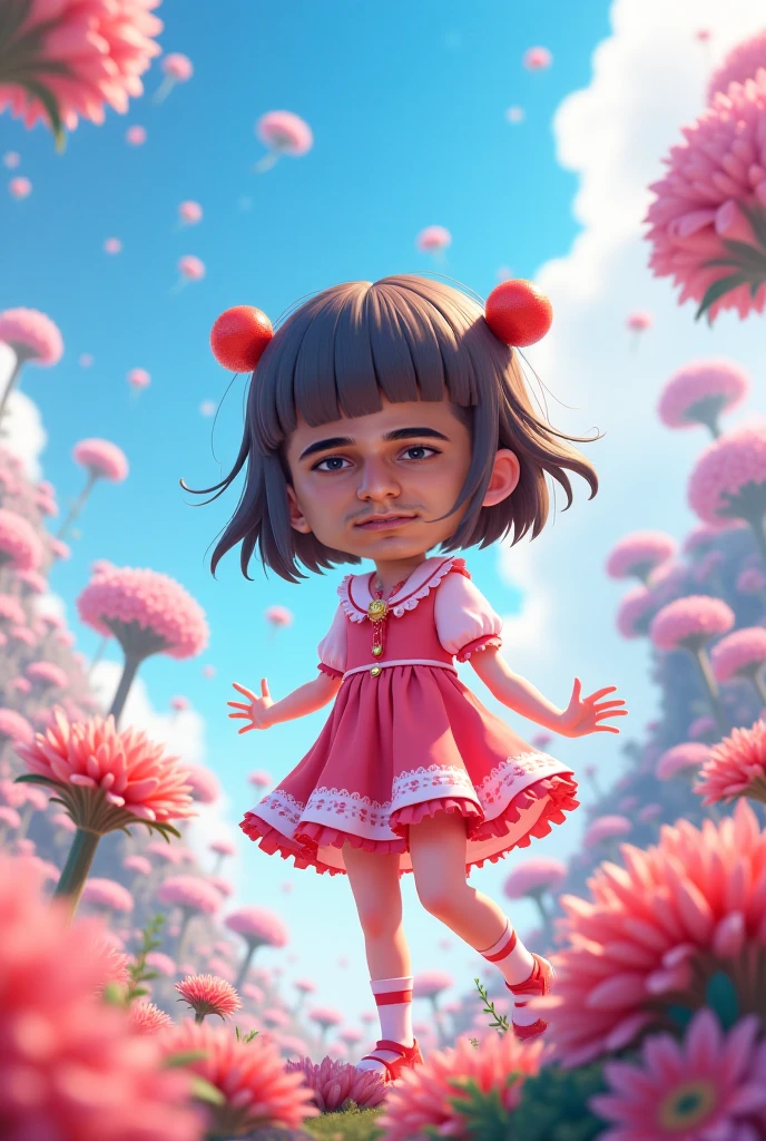 A little girl holding a giant red eye, short black hair, wearing a white fluffy dress