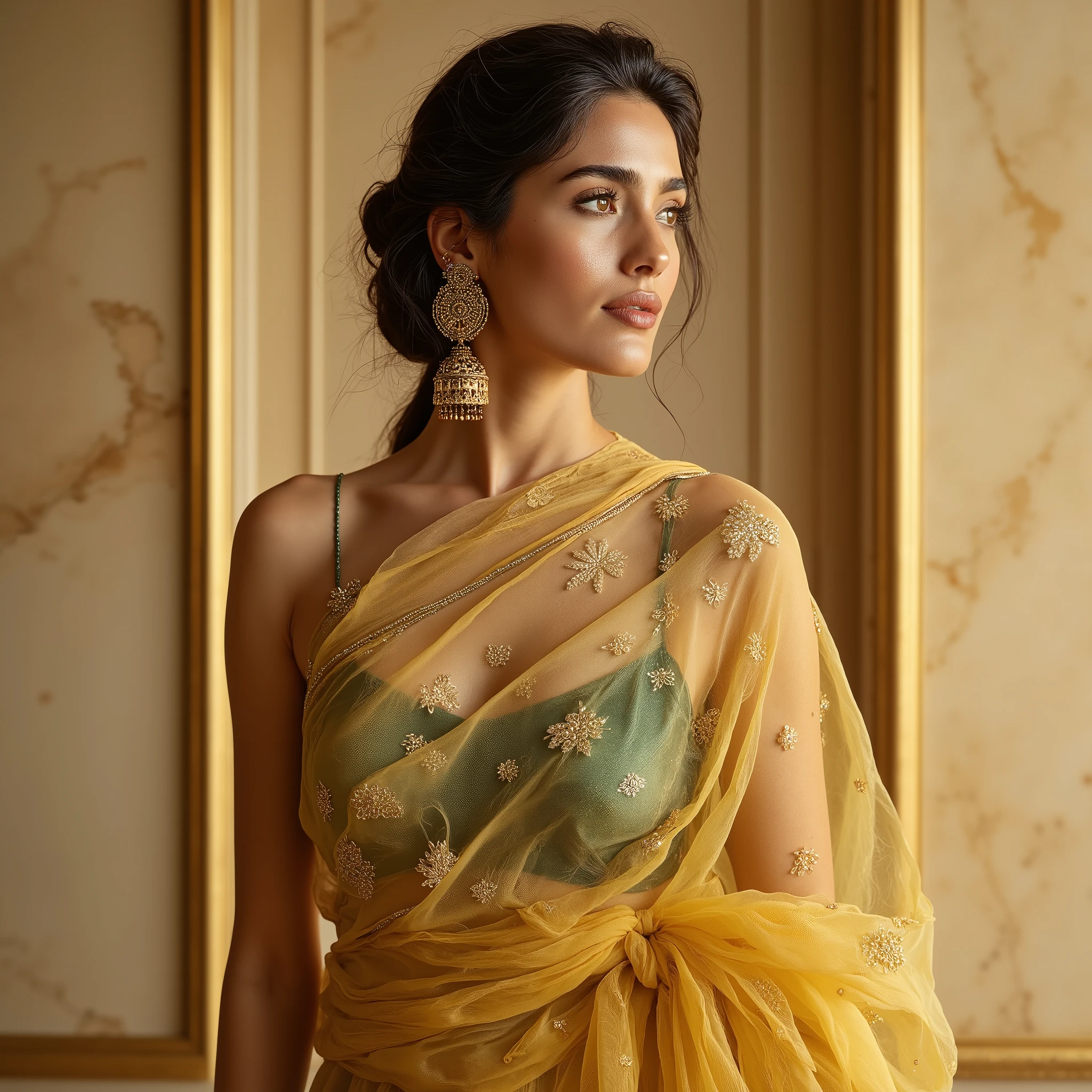 A high-fashion editorial portrait of a captivating South Asian woman exuding quiet allure and poised sensuality, photographed under soft golden light that gently kisses her skin. She stands with relaxed confidence near a smooth beige marble wall, dressed in a sheer, diaphanous mustard-yellow organza saree that clings lightly to her curves. The saree shimmers with delicate off-white floral embroidery scattered throughout, and its translucent fabric subtly reveals the outline of her sculpted waist and the contour of her toned body beneath. Draped with deliberate imperfection, the pallu cascades over one shoulder and frames her body with airy movement.Beneath the sheer layers, she wears a sleeveless, high-neck blouse crafted from emerald-green silk, tailored flawlessly to accentuate her figure. The blouse is richly adorned with vertical gold zari threads, its surface catching the light like fine strands of jewelry. The neckline is stiffened and regal, bordering her collarbones and drawing attention to her elongated neck. The fitted cut highlights her slender waist and bare arms, while the sheer saree occasionally slips just enough to reveal a teasing glimpse of her side curve, adding a layer of quiet sensuality.Her long, jet-black hair is styled in soft waves, voluminous and glossy, parted slightly off-center, with wisps falling near her cheekbones. Her face is an exquisite composition: high cheekbones with a warm golden glow, naturally arched brows, and sultry almond eyes outlined in soft kohl. Her lashes are long and fluttering, her eyelids dusted with a hint of bronze shimmer. A tiny black bindi sits perfectly above the bridge of her nose, grounding her look in tradition. Her lips are full and perfectly defined, painted in a muted mauve-rose hue, with a slight upturn that suggests both mischief and mystery.She accessorizes with bold, oversized antique gold jhumkas—intricately tiered with dangling pearls—and stacked bangles with mirror accents on one wrist. The combination of traditional elements and her statuesque bearing evokes a powerful visual narrative—feminine, modern, and unforgettable.The background is minimalist and warm, allowing her elegance and intensity to dominate the frame. The lighting highlights the textures of sheer fabric, metallic thread, and smooth skin, creating a glowing contrast that feels both editorial and intimate