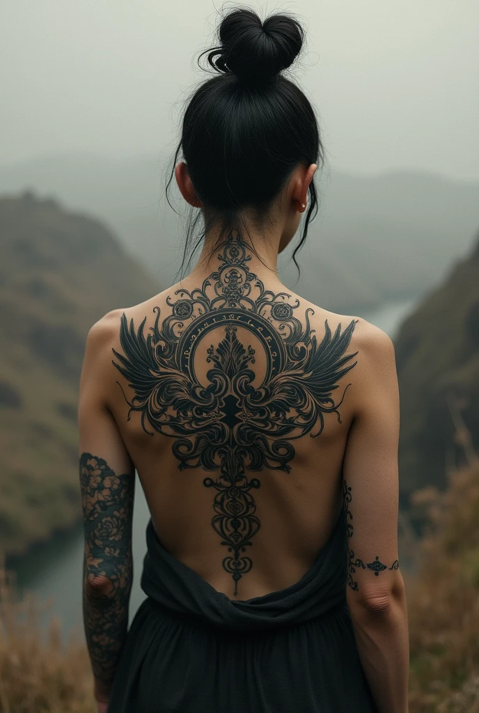 neck Tattoo, upbody, backview, from above, detailed background, by ruan_jia, best quality, masterpiece, very aesthetic, perfect composition, intricate details, ultra-detailed