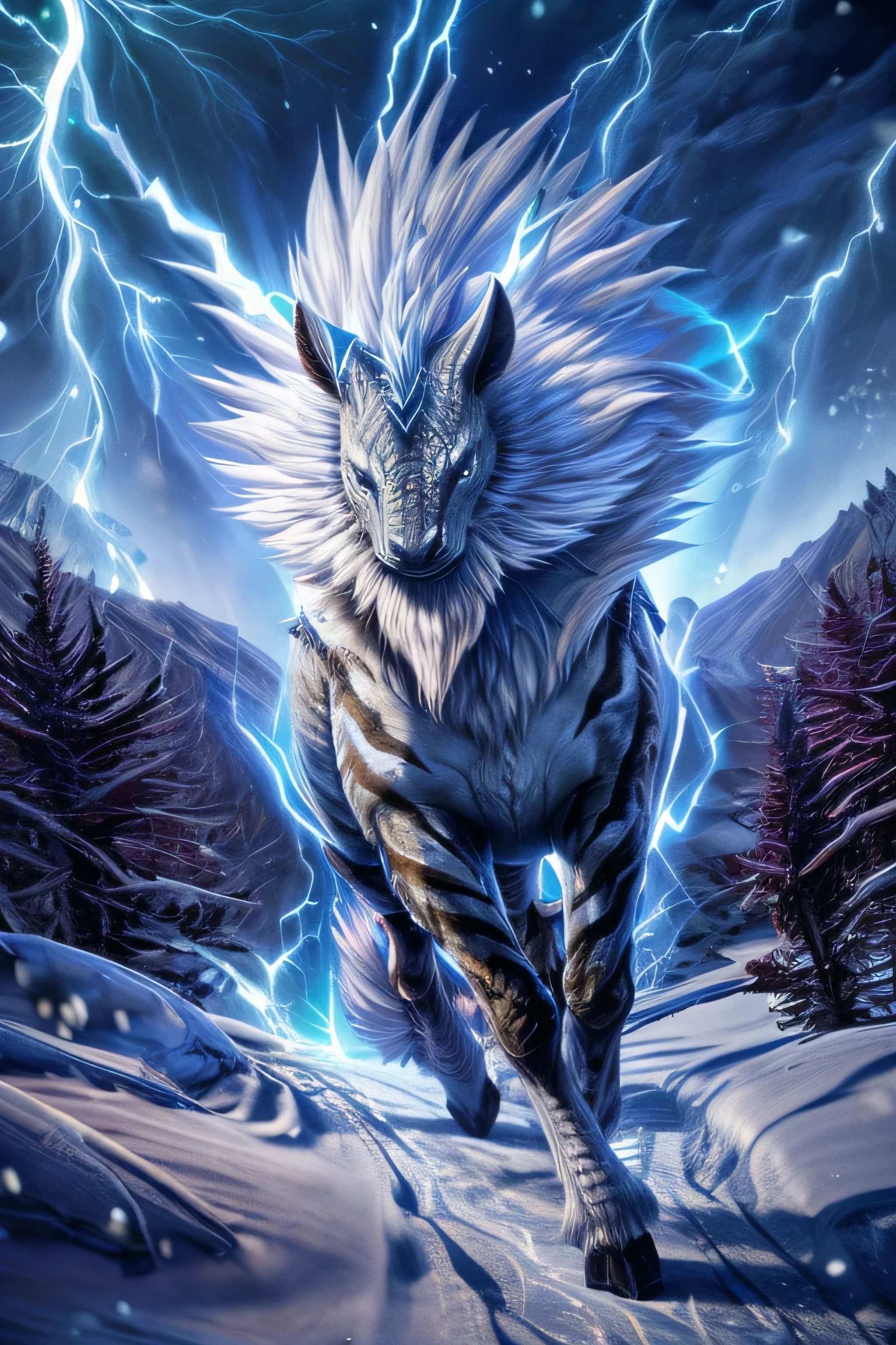kirin fom monster hunter, kirin walking on snwo mountain, snowstorm, thunder, bule hor, white fur, slim, 4 hooves, slim tail, ((feral kirin))
masterpiece, breathtaking,, sparkles, thunders, cinematic, epic quality, unreal ungine render, ultra detailled, 8k