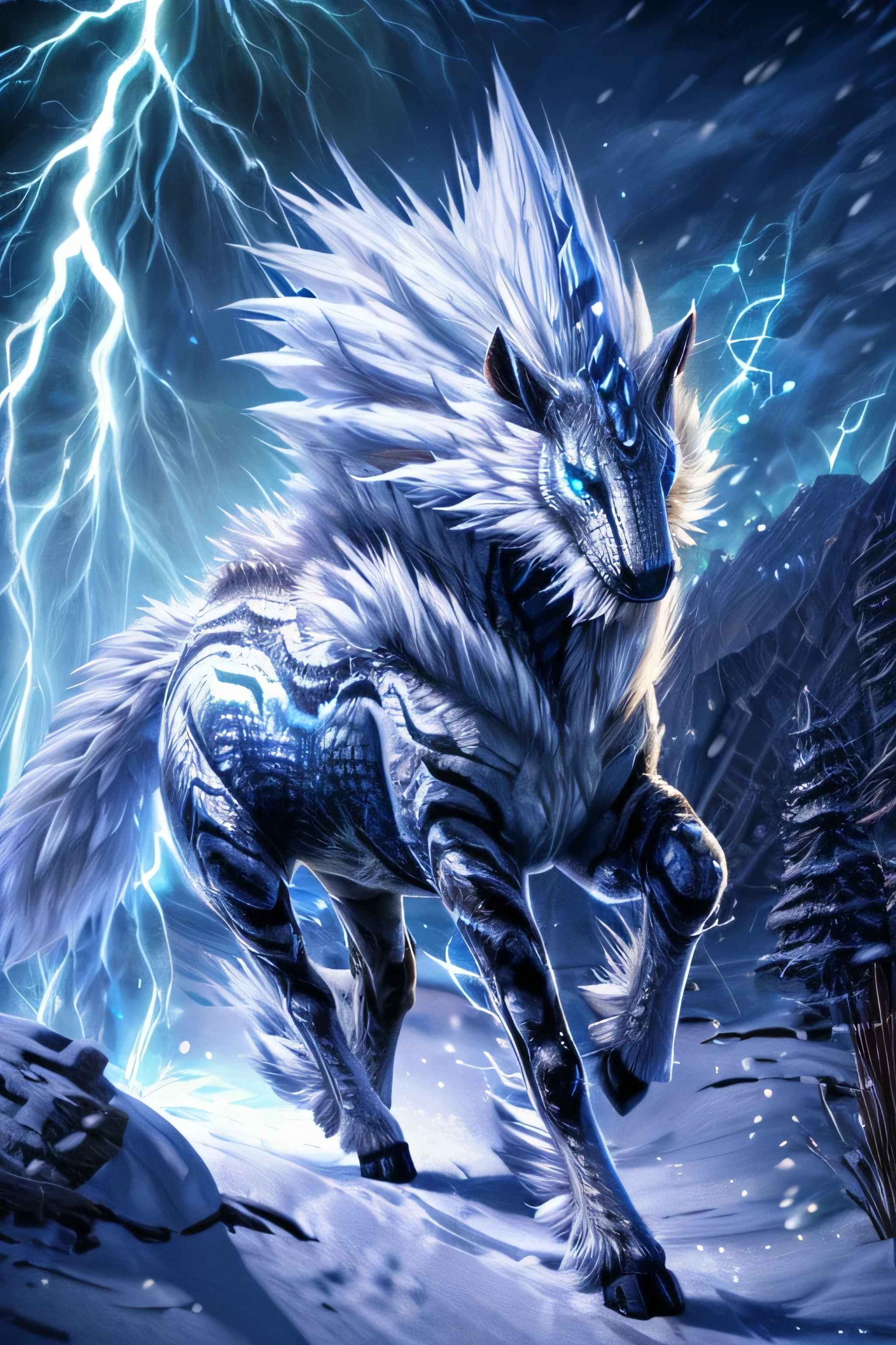 kirin fom monster hunter, kirin walking on snwo mountain, snowstorm, thunder, bule hor, white fur, slim, 4 hooves, slim tail, ((feral kirin))
masterpiece, breathtaking,, sparkles, thunders, cinematic, epic quality, unreal ungine render, ultra detailled, 8k