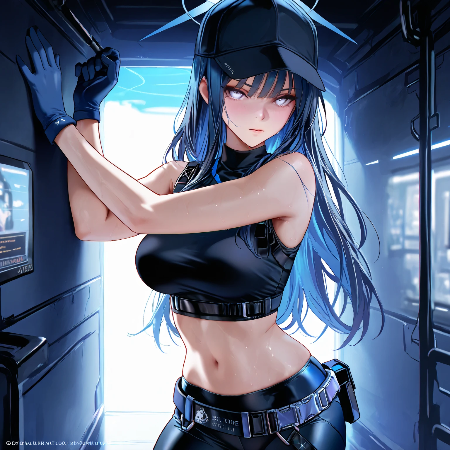 1girl, solo, long hair, breasts, looking at viewer, bangs, blue eyes, skirt, large breasts, thighhighs, long sleeves, navel, cleavage, hair between eyes, closed mouth, underwear, blue hair, standing, collarbone, panties, full body, ponytail, red hair, multicolored hair, boots, open clothes, shoes, choker, midriff, belt, black thighhighs, indoors, miniskirt, black skirt, stomach, black footwear, two-tone hair, streaked hair, coat, crop top, v-shaped eyebrows, thigh strap, ass visible through thighs, black choker, pantyshot, pencil skirt, black belt, open coat, black coat, taut clothes, tube top, with the word "Kali Linux" written on her outfit, servers and computers are visible in the background in a cyberpunk-style environment, featuring neon lights, futuristic buildings, and a high-tech urban atmosphere.