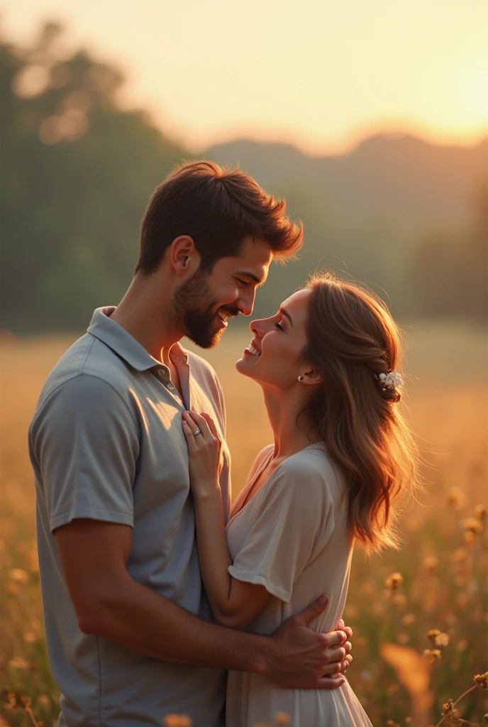 A couple in a romantic setting, natural lighting, soft focus, dreamy atmosphere, happy expressions, intimate embrace, beautiful sunset, cozy outdoor location, genuine smiles, love and happiness, candid moment, vibrant colors, film-like aesthetic, heartwarming scene, perfect composition, genuine connection, joyful laughter, romantic gestures, timeless memory, professional photography, genuine happiness, cherished moment, love in the air, genuine affection, natural poses, stunning background, mesmerizing scenery, true love, forever together, picturesque setting, admirable chemistry, magical ambience, tender kiss, passion and romance, beautiful memories, cinematic quality, breathtaking beauty, irreplaceable bond, happily ever after. (best quality, highres, masterpiece:1.2), ultra-detailed, (realistic:1.37), vibrant colors, romantic lighting