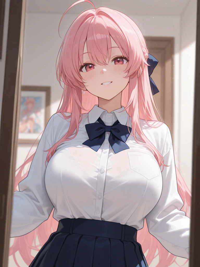 (masterpiece,highest quality, detailed), One girl, alone, indoor, night, Upper Body, Sweat, Ahegao, Roll your eyes, blush, naked、Pink Hair,Messy wavy long hair,open chest white shirt、A tight-fitting shirt、Black flared skirt、Big Breasts