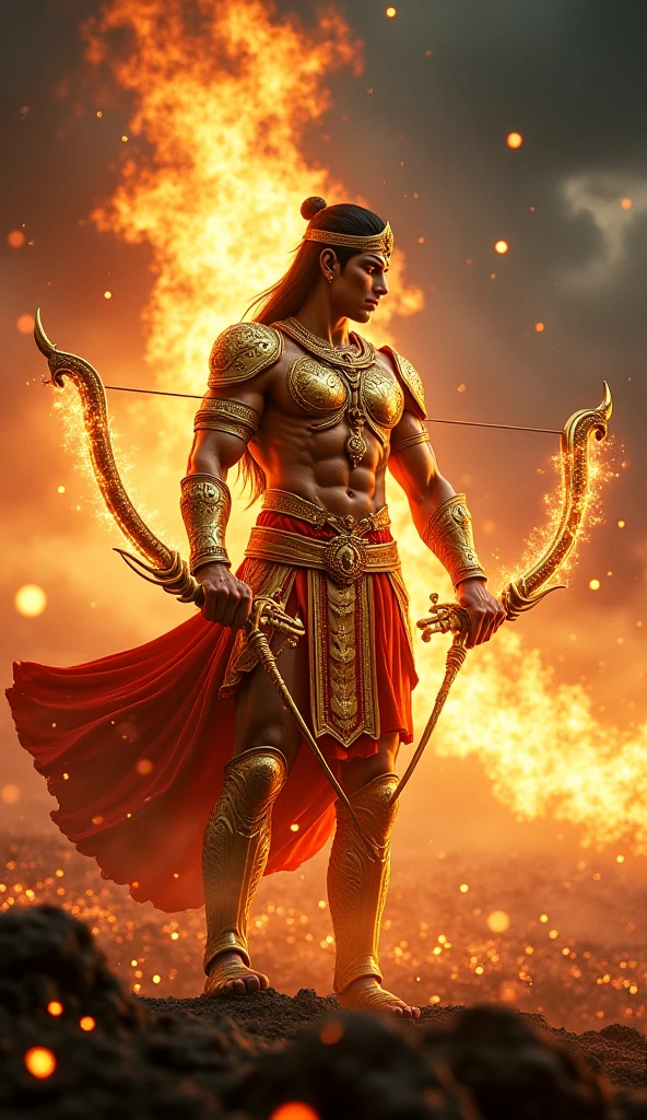 Indian actor prabhas looking like a indian archer, he's wearing a indian warrior clothes, there is a red aura around the edges of the frame, he's holding a celestial bow emitting red lighting, the background is of a cliff, with sun behind him.