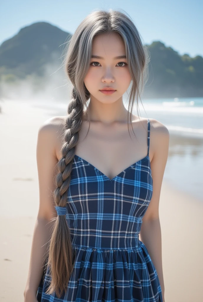 (Facial Focus), (1 Girl, Female, Woman, Solo, Pale Skin, Casual Fashion, Kawaii), (Long Hair, Single Braided Hair, Light Blue Hair, Cute Face, Light Smile), (By the Sea), Milky Way, Sunset,