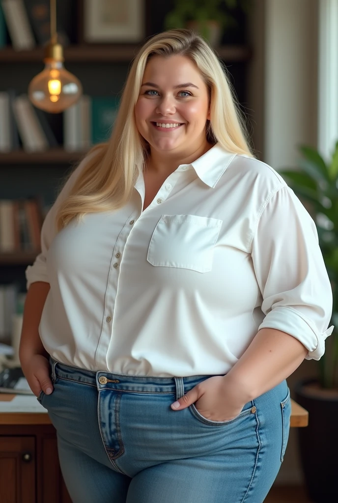 (photorealism:1.2), beautiful blonde chubby, white curvy woman, white natural skin, standing in the middle of the photo, blue sleeveless shirt dress, jeans pants, long curly hair, indoors, bright lighting, plants in background, window with sunlight, cozy room, relaxed pose, realistic, intricate details