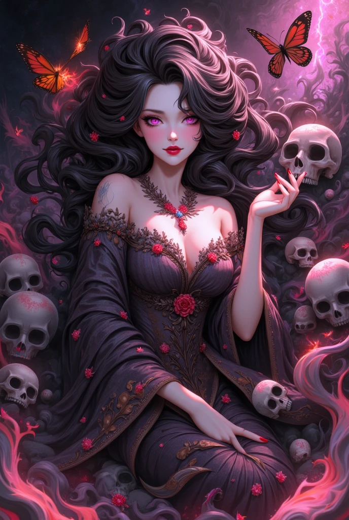 a painting of a woman with long hair and skulls on her head, a gouache by loish, Artstation, gothic art, goddess of death, beautiful necromancer, art contest winner on behance, corpse bride art style, loish |, queen of death, skulls at her hips, jen bartel, beautiful necromancer girl