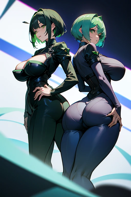 3girls, mature, very long black white green hair, green eyes, blushing, wearing tight nano suit, night city, back suggestive posture, absurdres, high res, ultrasharp, 8K, masterpiece, looking at viewer