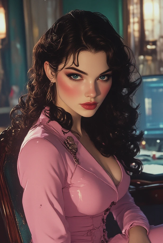 photo of mature woman standing, solo, jewelry, earrings, green eyes, looking at viewer, makeup, curly hair, lipstick, red hair, red lips, (steam punk style:1.2), retro style, fantasy, realistic, closeup, ([Adriana Lima | Jennifer Lopez ]:1.1) wearing garter belt, inside train, retro, realistic, pinup girl, muted colors, sepia, orange hair, short hair, mole, parted lips, curious, shiny