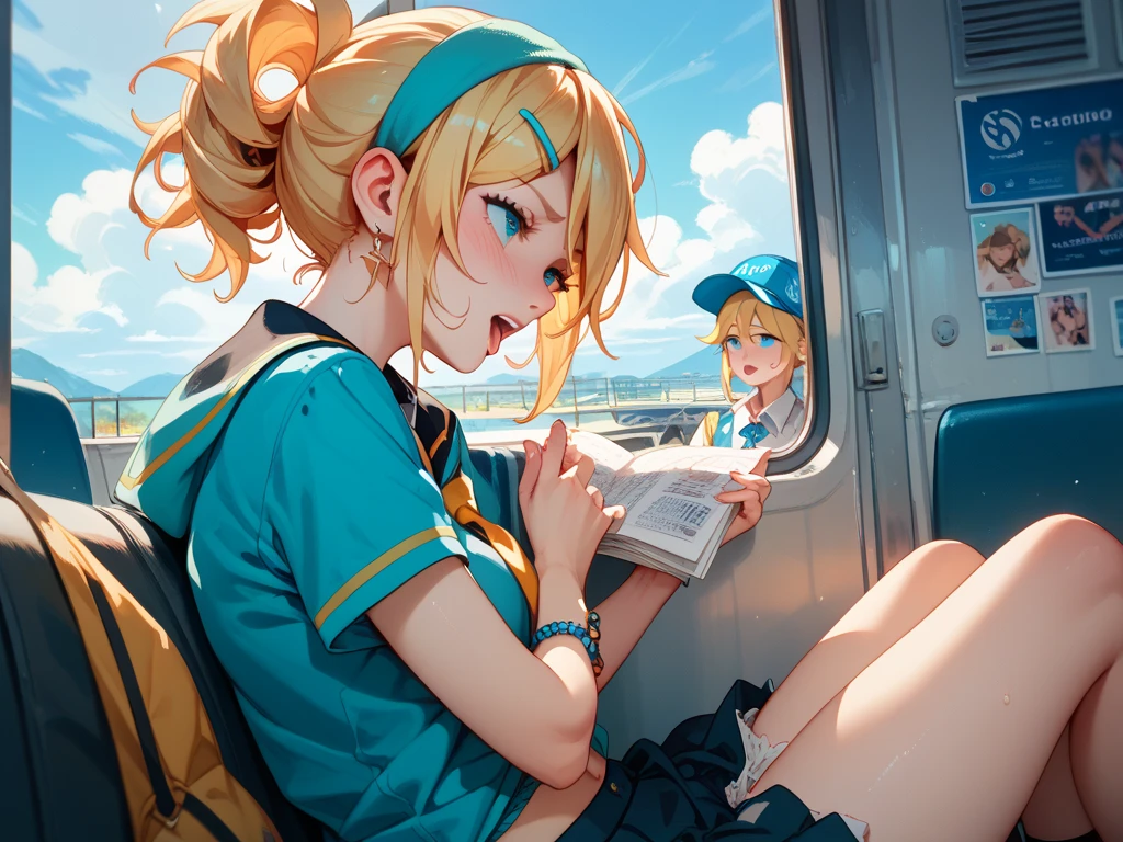 Beautifully rendered down to the smallest detail, Girl with dark blonde pigtails、Girl sitting on a train seat looking at her smartphone、Girl is wearing a baseball uniform、There are other passengers around