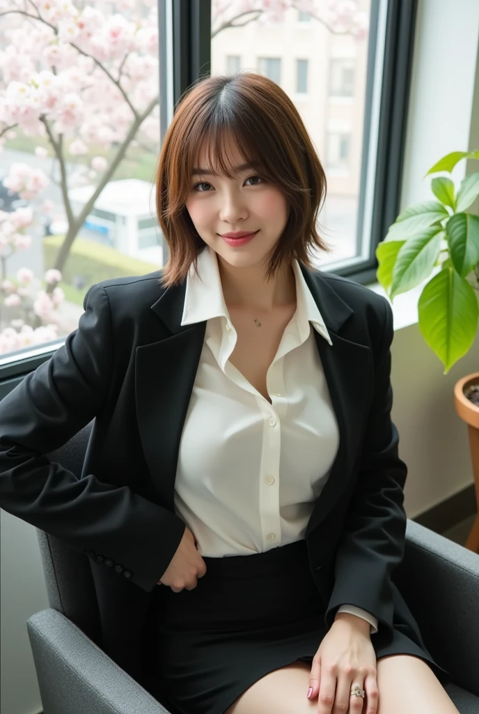 (White collared shirt、Offering tea、Tied up hairstyle、Photo from the waist up:1.4).One Girl, Cool Biz、(Put your hands on the desk and stick your butt out、office、Natural breasts that can be seen even through clothes、Office Lady Uniform、Cute beauty, Delicate girl:1.3), (24-years-old:1.3),(Smiling with teeth showing、Cute smiling eyes、Cute loose perm、(Fluffy hair、Loose perm、Braid only the bangs:1.4)Braid only the bangs、Fluffy hair、Medium Short Hair、Wearing an office lady skirt、Round and ample breasts、Curved waist、Photo from the waist up:1.4)
Very beautiful eyes, (Office Lady Uniform:1.3), (Large Breasts:0.5), Brown eyes, Parted bangs, Light brown hair,
, A face of ecstasy、(The expression of ecstasy、A face of ecstasy:1.0),
, (masterpiece, Highest quality, Super detailed, Detailed face, 8k)