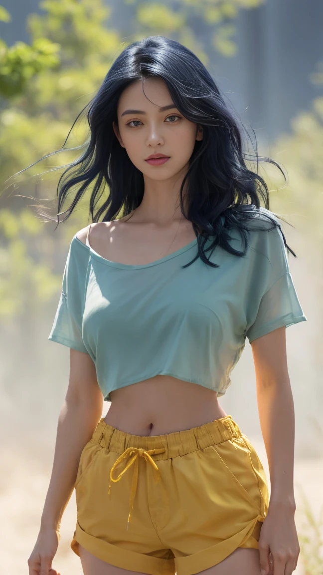 bright photo: 1.3), realistic epic, yellow  eyes, invading girl, (A girl), light gray short sleeve blouse not transparent, transparent fabric at the waist, wavy hair 1.4, (Dark Blue Hair), shorth hair, dark blue and orange color scheme, (light green shorts), aesthetics of wastelands and canyons!!! n ruins, soft cinematic light, Adobe Lightroom, darkness room, hdr, Complexity, green bracelets on arms, straps from red thrings over transparent fabric at the waist, thong under shorts