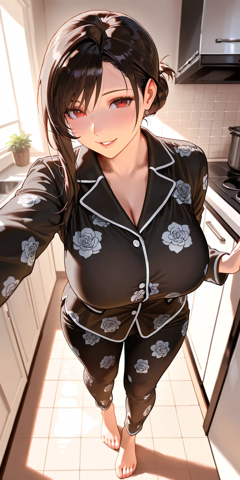 1 girl, small nose, very beautiful detailed face and eyes, bright colors, cute face, delicate beautiful face, Bright magenta eyes, cute eyes, sparkling eyes, Big eyes, (big breasts:1.3), (perky chest:1.1), (pointed chest:1.0), (cake magazine cover:1.3),highest quality, WorKs of masters, High resolution,BlacK color hair,shiny hair, side ponytail,hair between eyes,bangs, (black jacket, real clothes, cleavage, black skirts, black thighhighs, thigh strap, fingerless gloves, single glove:1.2) , spread legs, panties shot, medium hips, glamorous body, white skin, smile, thin pubric hair, super beautiful face, Super beautiful eyes, Super beautiful hair,trendy outfit,sexy and attractive,full body esbian, Real World, Natural light,perfect Natural light,(with sparkling eyes and a contagious smile), This masterpiece is not only visually stunning but also tells, make of cake cooking , in the kitchen, open mouth, looking at viewer,