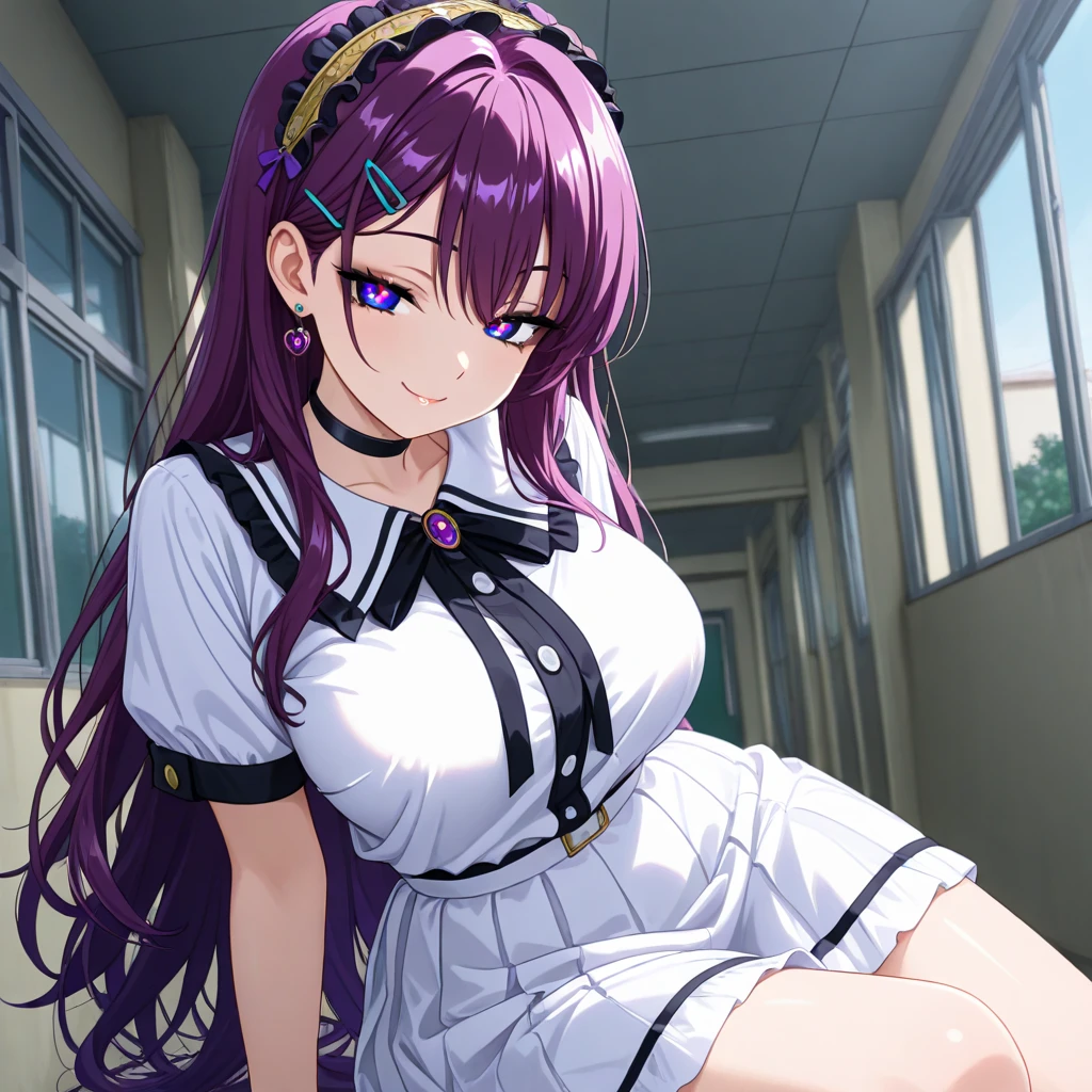 adult renne wearing an cute schoolgirl uniform with her legs crossed in school, masterpiece, best quality, extremely detailed CG unity 8k wallpaper