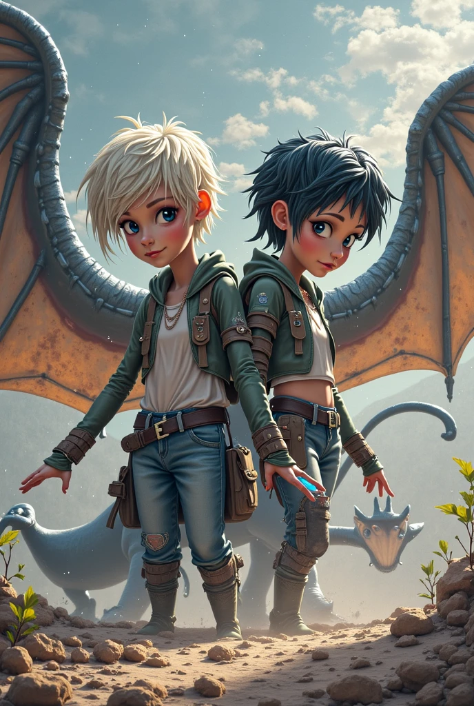 High resolution, portrait, boy with gray hair, short hair and girl with dark hair, 8 years old, yellow eyes, smile, portrait, huge dragon face and sky in the background, realism, fantasy