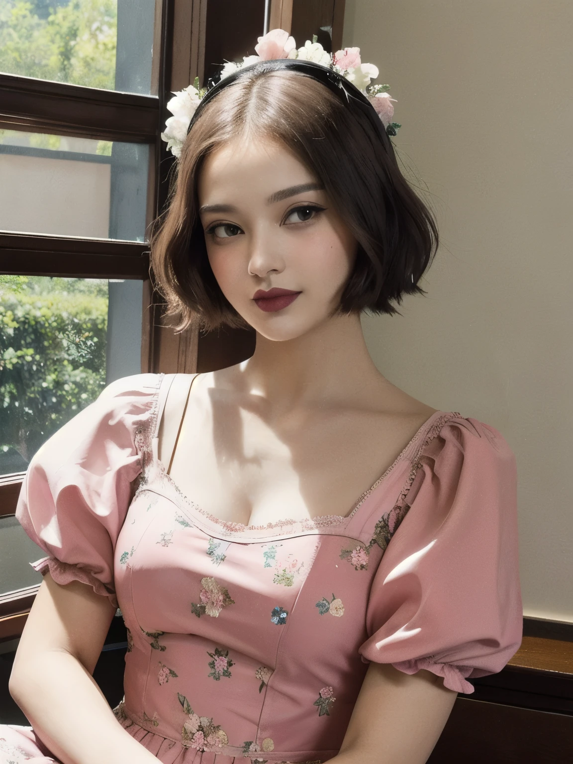 (masterpiece), (portrait), (aesthetic), (beautiful), (upper blody), (high quality), (aesthetic clothings), (professional angle), (rule of thirds), (Feminine), (woman), (female), (beautiful),(feminine features), (25 years), solo, 1 woman, (attractive 60's Girl), Spring, Soft light, ((Dancing Swing)), (Twirling), Vintage Makeup, (Small bust), ((Vintage Handbag)), (Front face), (Joyful expression), ((Retro)), (Flower Headband), ((Medium hair)), (Brunette hair), (Beehive hair), (Thick hair), Lustrous shine hair, (Cat-Eye Glasses in hair), (Brown eyes), (Classic and Playful look), (Fair skin), (Pastel Colors clothing), (A-Line Dress), (-), (Petticoat Skirt), Sweetheart neckline), ((Retro Cafe background)), (Medium Shot Shot), beautiful hands, two hands, normal hands, two arms, complete hands, beautiful body, beautiful fingers, normal fingers, five fingers, five fingers, (Thumb index meddle ring little fingers), beautiful ears, normal ears, beautiful eyes, shiny eyes, beautiful mouth, beautiful lips,