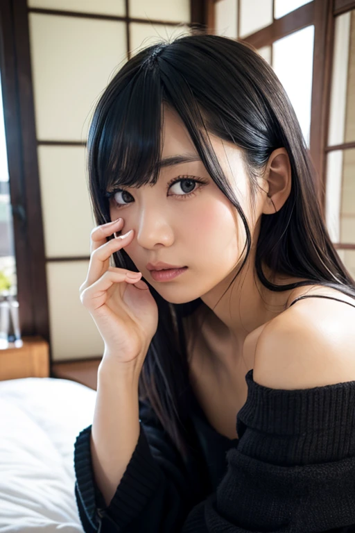 (Best-quality, Masterpiece, Ultra-High-Resolution, (Photorealistic:1.4), Raw Photo, depth of field, professional lighting, perfect anatomy, extremely details), 1girl, the most famous Japanese idol, in bedroom, looking at viewer, wearing casual-dress with cute-design, (extremely cute face like the most popular Japanese idol, (extremely cute and extremely realistic big-black-eyes), extremely cute black-hair), extremely cute long-eyelashes, extremely cute lips, (((extremely beautiful and extremely realistic skins)))