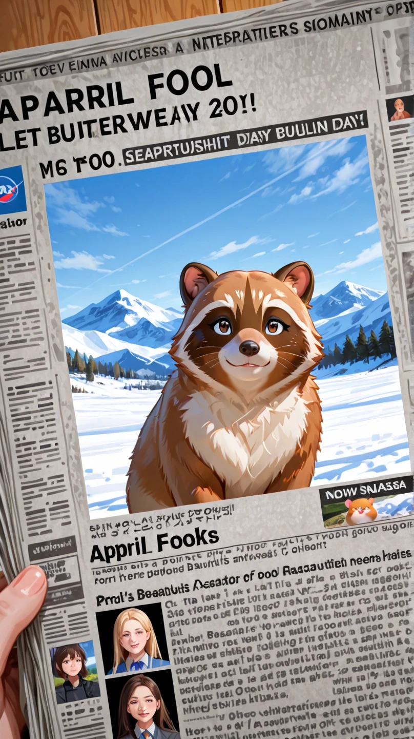 Newspaper article style,
April Fool's Day Bullshit News!
A team of hamster girls and a beautiful raccoon woman, now a NASA advisor, successfully climbed a snowy mountain and took a commemorative photo,
Let AI burst with outrageous news,
All body,
Looking at viewer, 