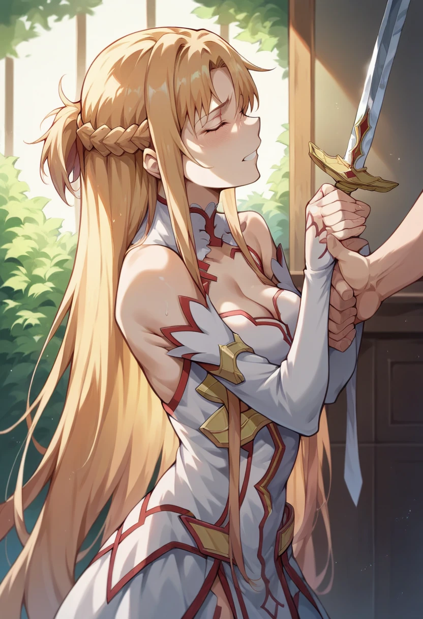 ((Highest quality)), ((masterpiece)), (detailed), （Perfect Face）、The woman is a Greek goddess named Thiare, wearing a white Doric chiton from ancient Greece, with blonde medium-long hair and green eyes, who is being raped and impregnated.、A woman is shown smiling gently in a temple of ancient Greek mythology and wearing an ancient Greek white Doric chiton