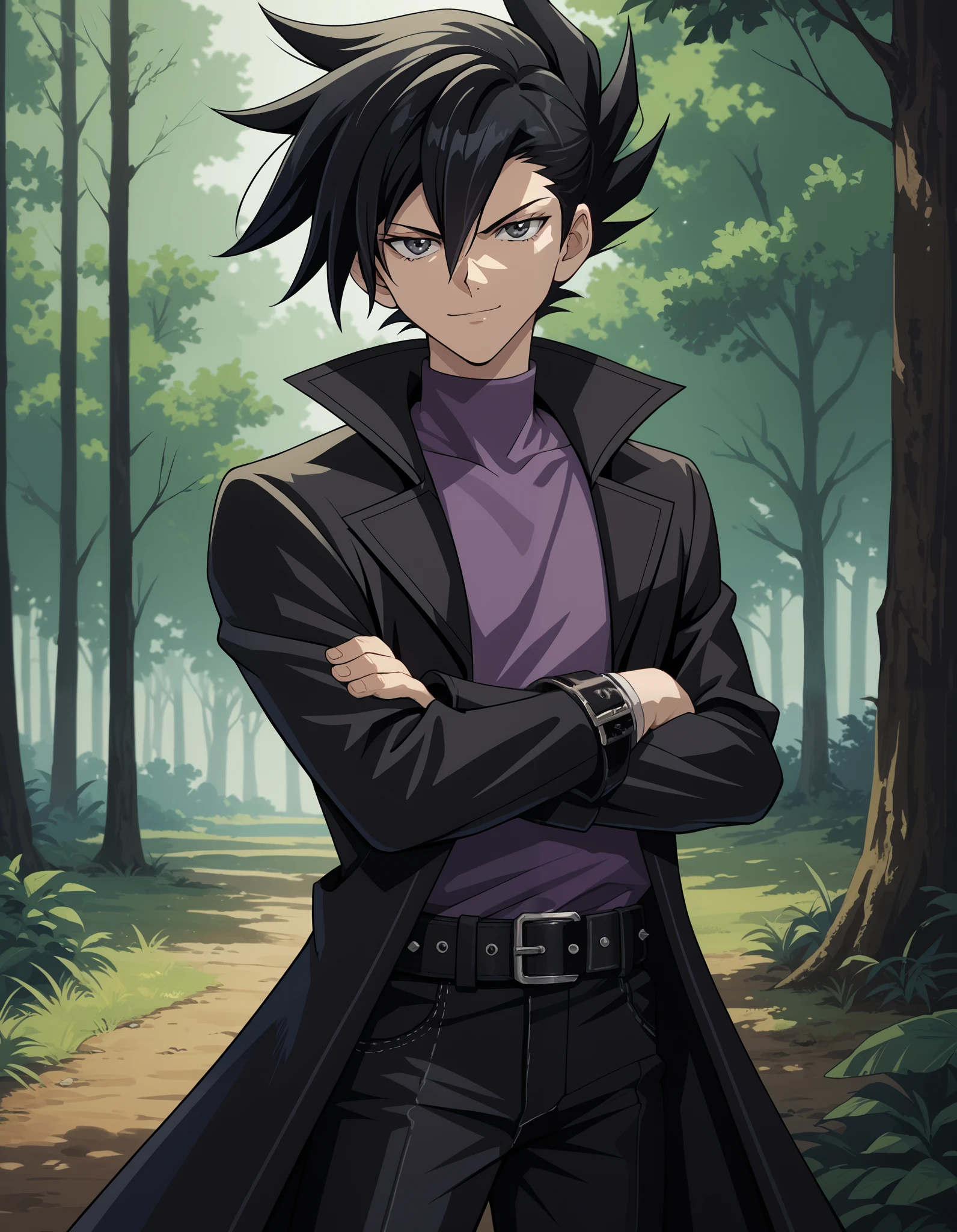 score_9, score_8_up, score_7_up, source_anime, smirk, serious, JunManjome, 1boy, male focus, solo, black hair, pants, spiked hair, purple shirt, bangs, coat, long sleeves, shirt, black pants, hair between eyes, belt, black coat, buckle, belt buckle, grey eyes, open coat, black eyes, black belt, open clothes, arms crossed, cowboy shot, forest, nier2b