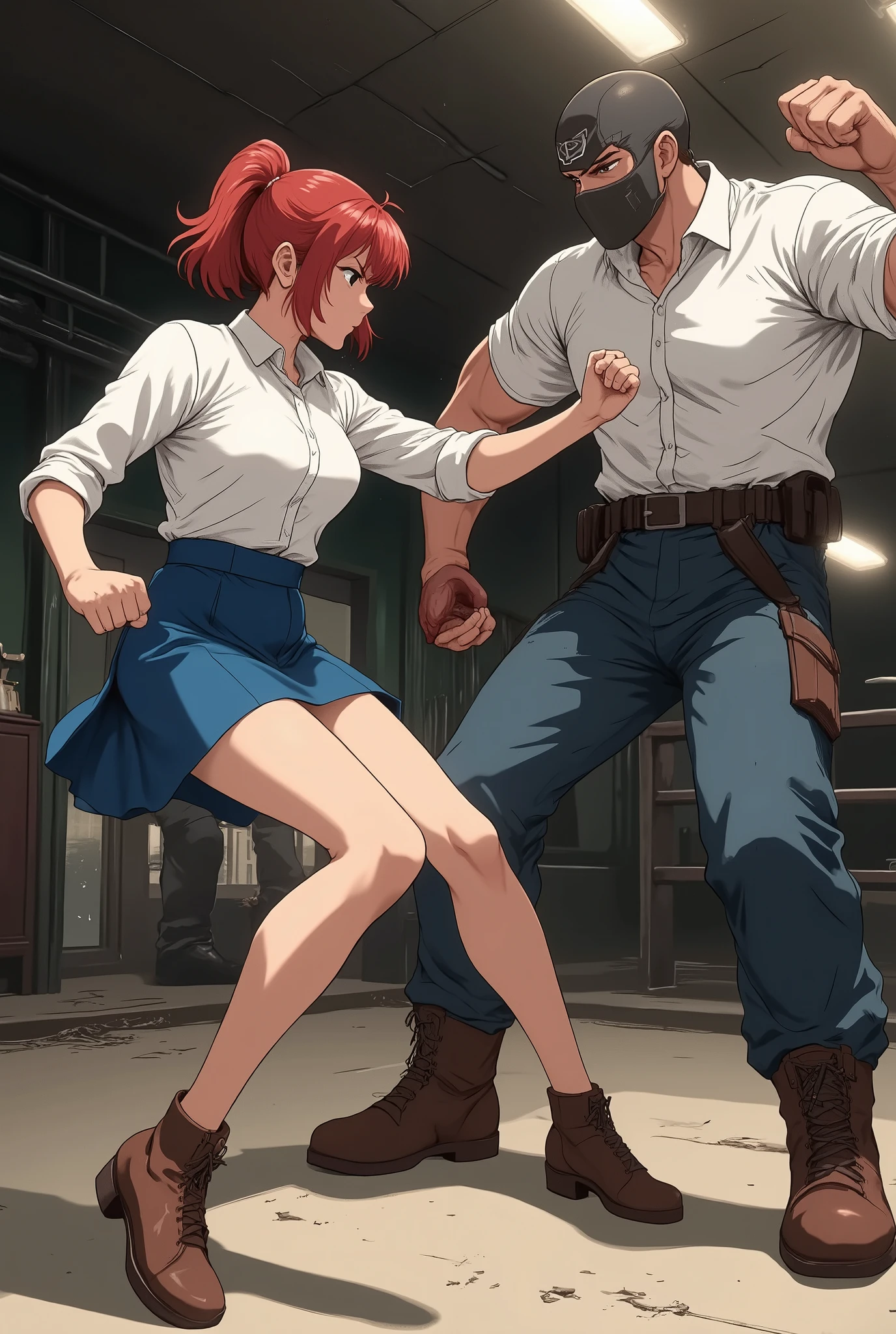 (masterpiece, Top Quality:1.2),low angle。 Active Angle。1 girl, 1 boy ,fight、woman in pencil skirt。Female criminal。woman in blouse。combat posture。Women's Crisis。Women's Disadvantage。,face to face。Fighting,full body、hand,perfect hand。from below ,
battle of the sexes,handfixer. thug 。Giant。ヘルメットを被った thug 。egmid
80sanime