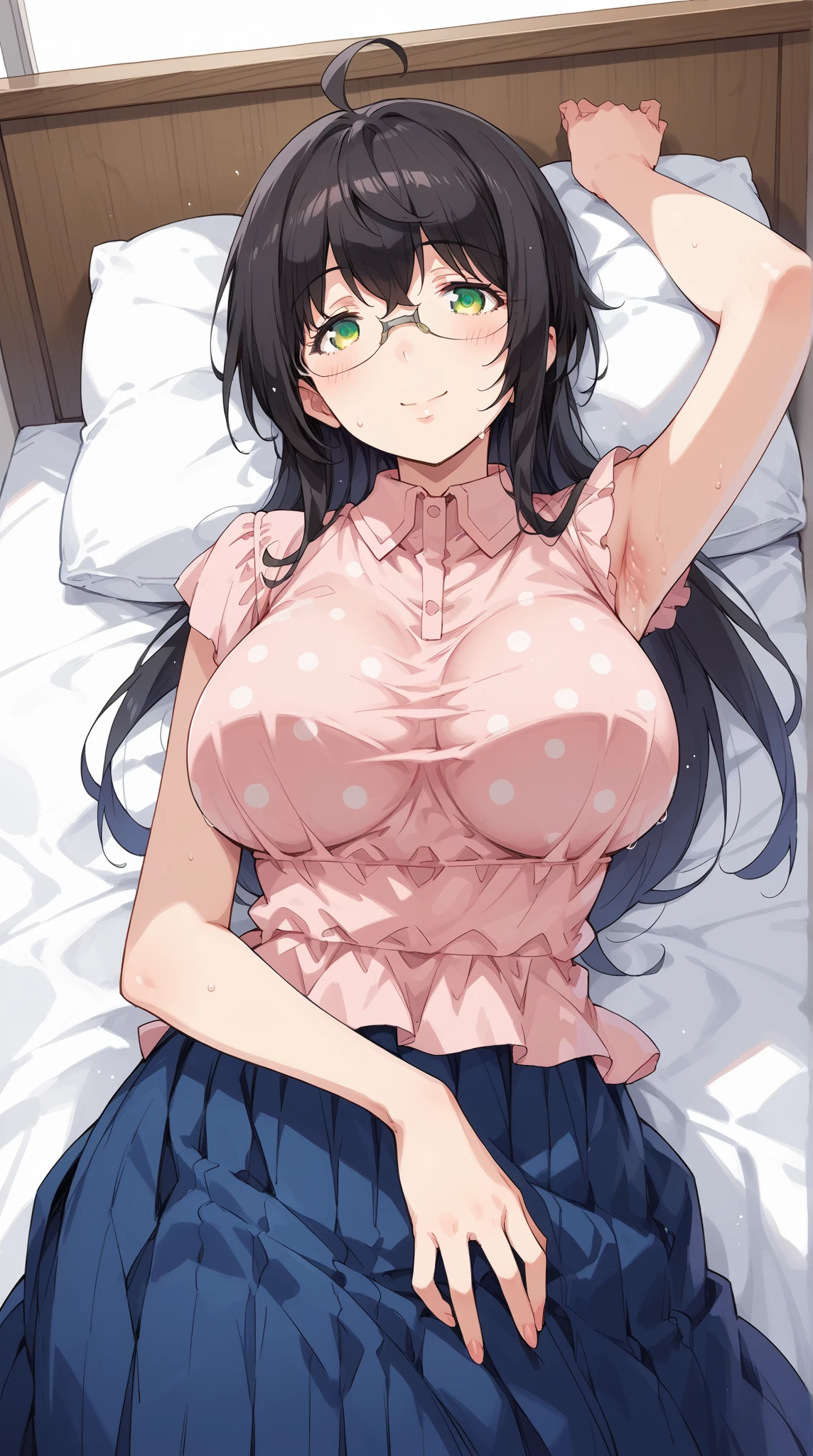 Heat After Sex, (Masterpiece), Best Quality, ultra-detailed, perfect hands, perfect legs, 1girl (anosillus II, Slender and sexy body, Big and pretty breasts, naked body, dark green hair, long wave hair, closed eyes, spectacles),a pained face, parted lips, facing viewer, looking at viewer, nose blush, blush, head tilt, headback, solo, nude, see-through nightgown, bare shoulders, hands up, undress, nipples, navel, in the bedroom, disheveled hair, on the bed, lie down, lying, hands up, spread legs, Sexy waist teasing, incoming sex, 1boy, waist grab, grabbing her waist, sex, hetero, lying sex, sex from front, pussy, penis , cumdrip from her pussy