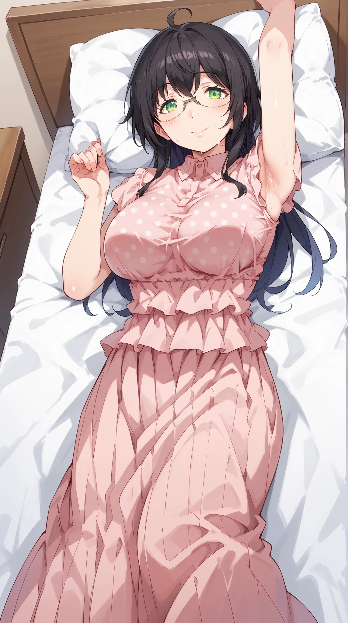 girl（Round Glasses、low length、Patient gown（Pink））Hospital bed（Sleeping on your back）
