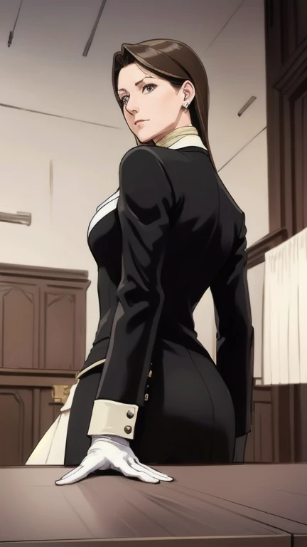 score_9, score_8_up, score_7_up, source_anime, solo, 1girl, long hair, ponytail, (two-tone hair), black hair: 50, white hair: 50, yellow eyes, angry, pointing at viewer, (looking down, small pov), funny angry face, standing, formal, suit, black jacket, black necktie, long sleeves, black pants, belt with sword sheath, sword scabbard at the waist, black scabbard, background of a traditional japanese hallway, (huge breasts:1.6, stout thighs:1.6),